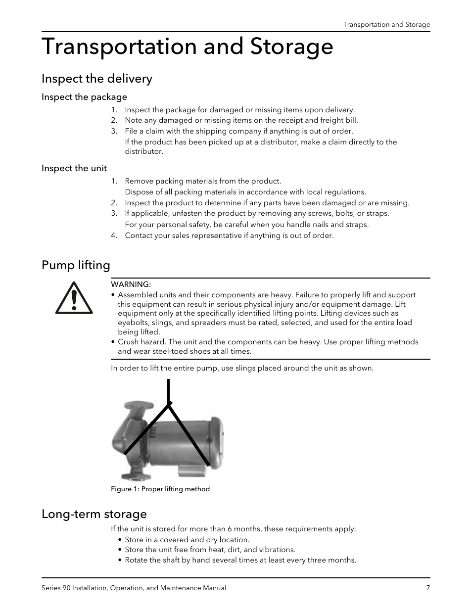 Transportation and storage, Inspect the delivery, Inspect the package | Inspect the unit, Pump lifting, Long-term storage, Inspect the package inspect the unit, Pump lifting long-term storage | Xylem P81547D Series 90 In-Line Centrifugal Pump User Manual | Page 8 / 25