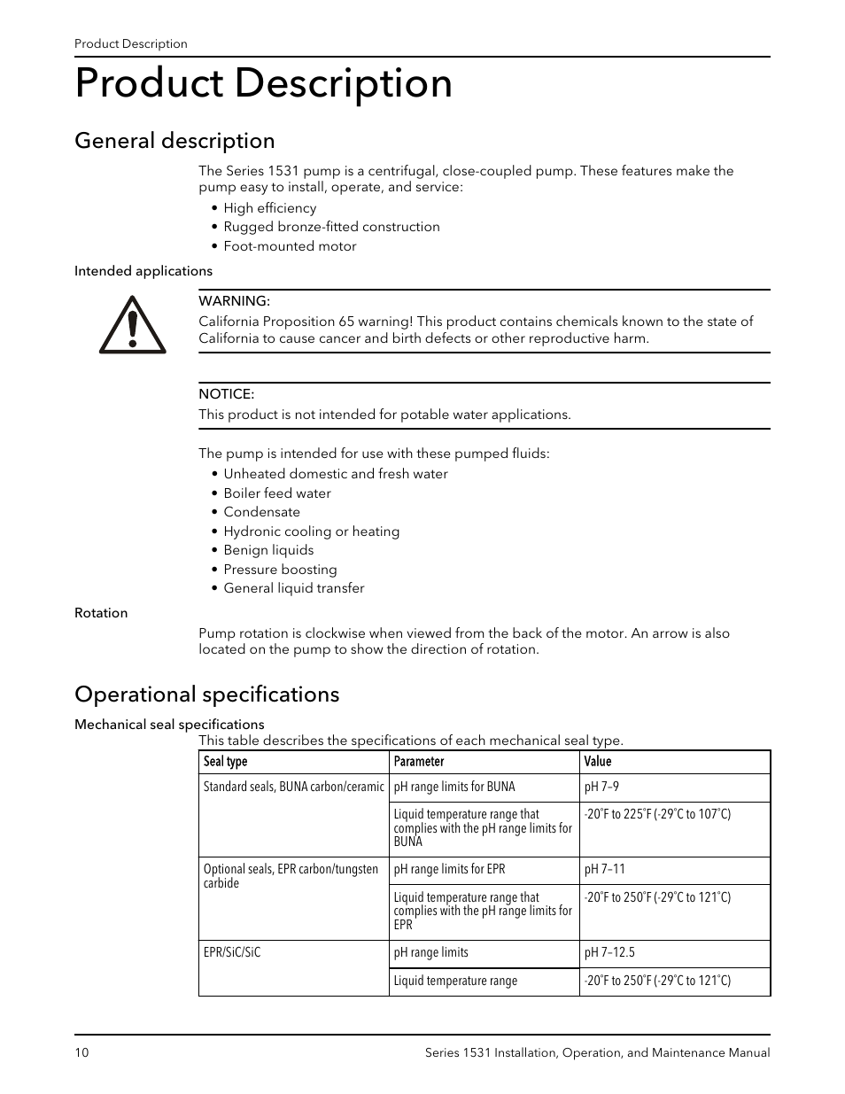 Product description, General description, Operational specifications | General description operational specifications | Bell & Gossett P81567F Series 1531 User Manual | Page 12 / 30