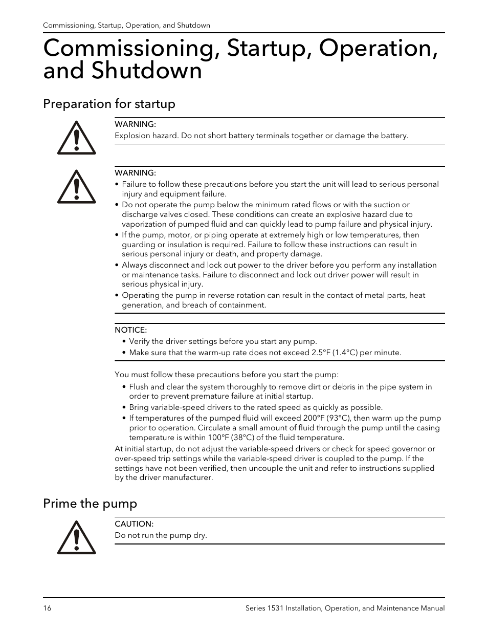 Commissioning, startup, operation, and shutdown, Preparation for startup, Prime the pump | Preparation for startup prime the pump | Bell & Gossett P81567F Series 1531 User Manual | Page 18 / 30