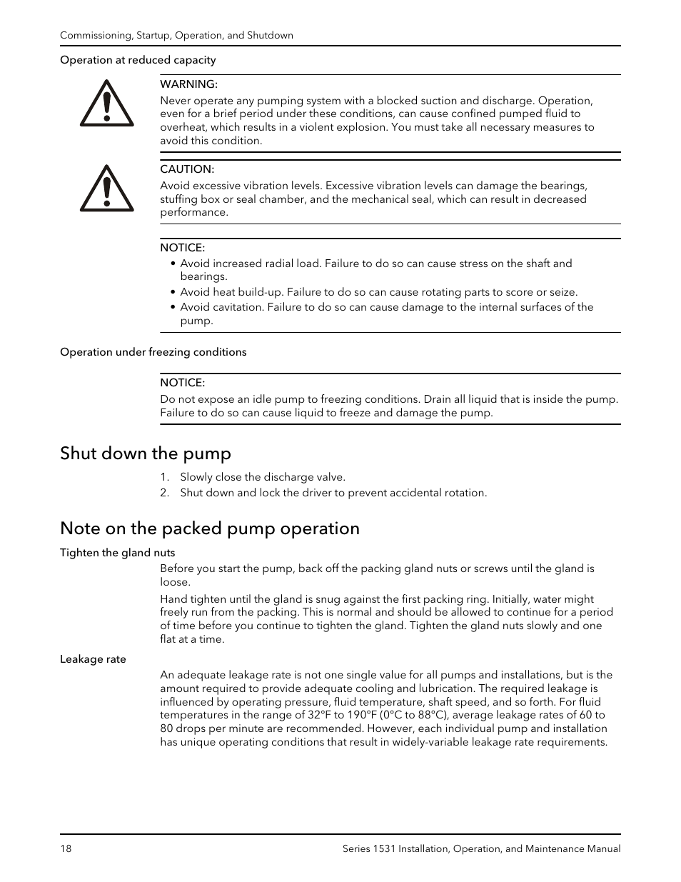 Shut down the pump, Note on the packed pump operation | Bell & Gossett P81567F Series 1531 User Manual | Page 20 / 30