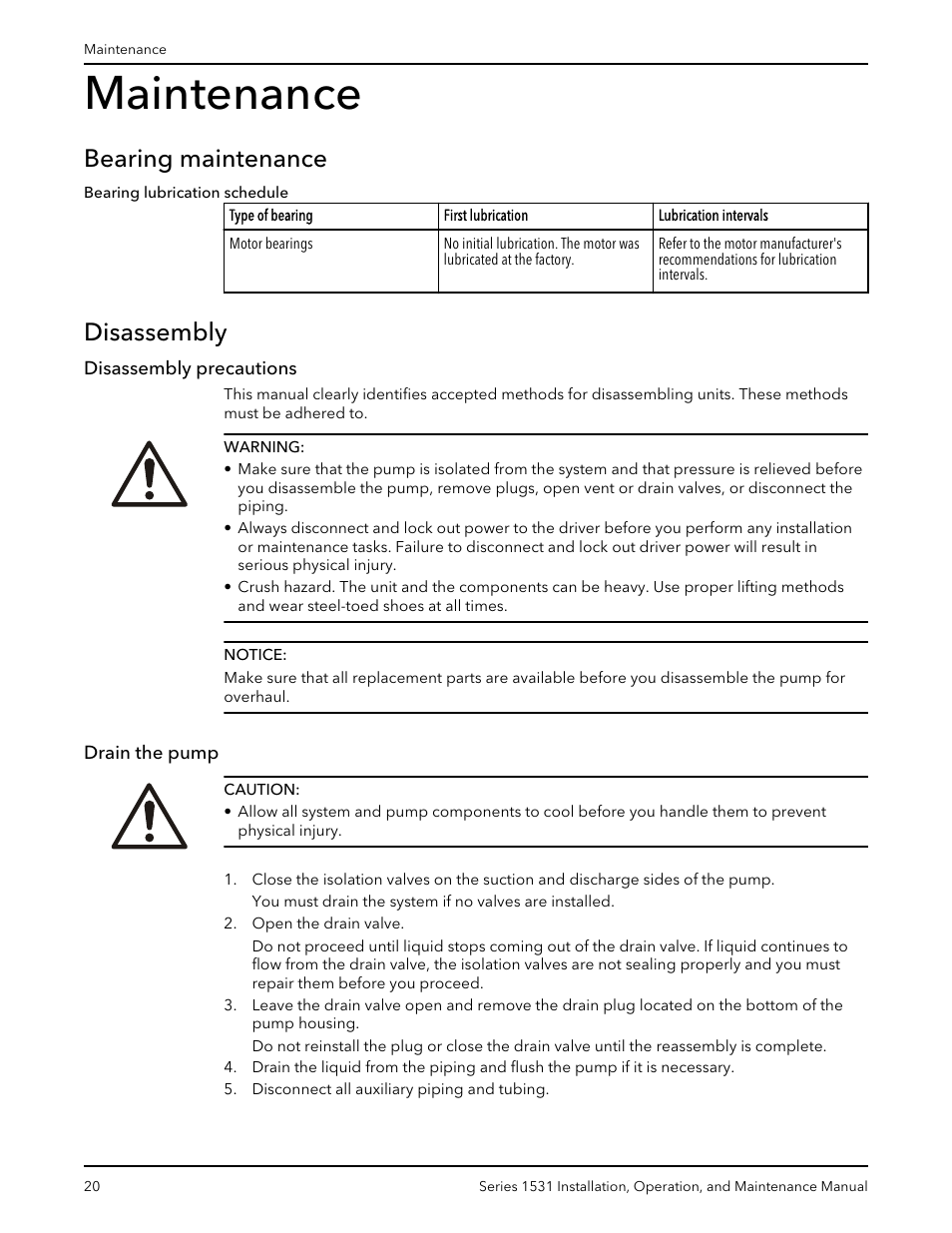 Maintenance, Bearing maintenance, Disassembly | Disassembly precautions, Drain the pump, Bearing maintenance disassembly, Disassembly precautions drain the pump | Bell & Gossett P81567F Series 1531 User Manual | Page 22 / 30