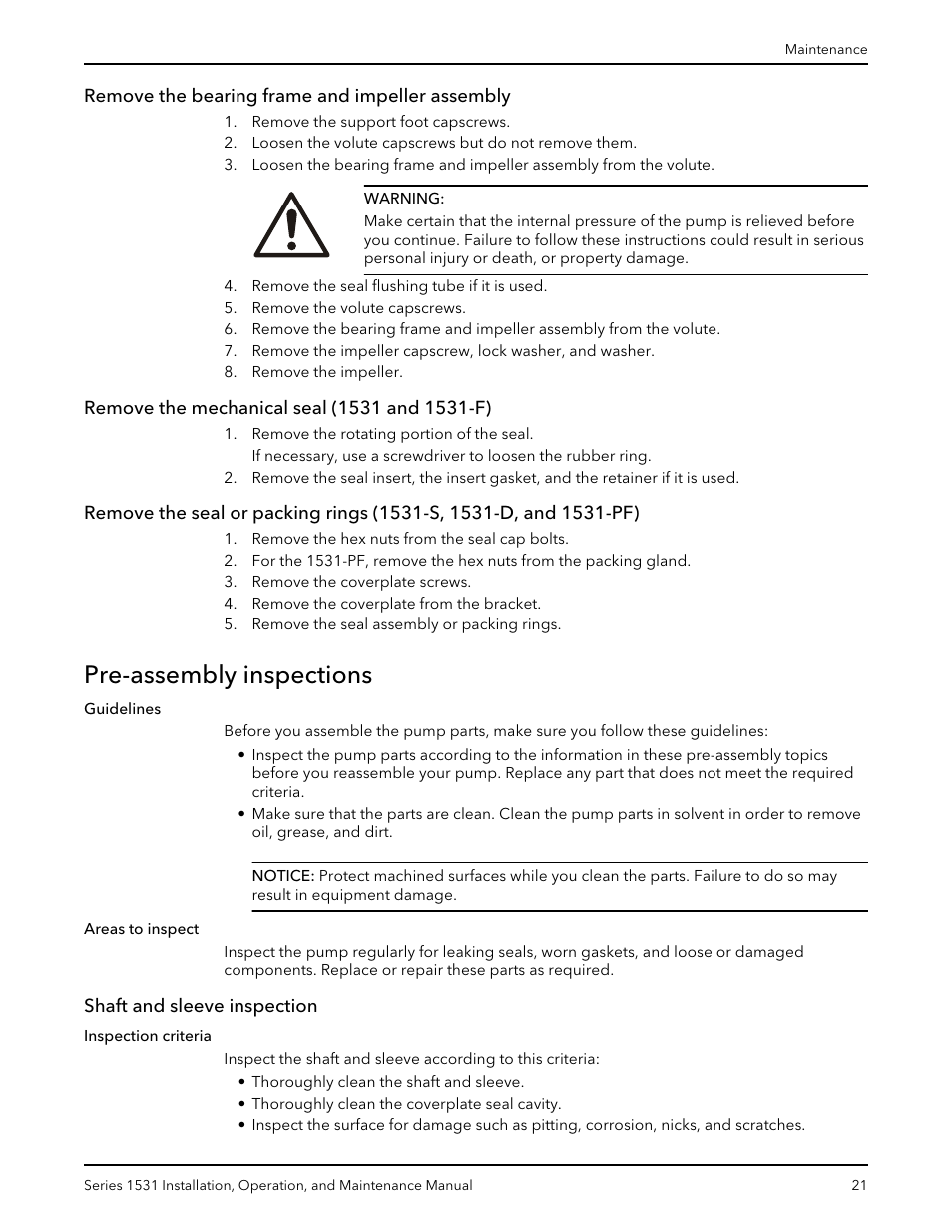 Remove the bearing frame and impeller assembly, Remove the mechanical seal (1531 and 1531-f), Pre-assembly inspections | Shaft and sleeve inspection | Bell & Gossett P81567F Series 1531 User Manual | Page 23 / 30