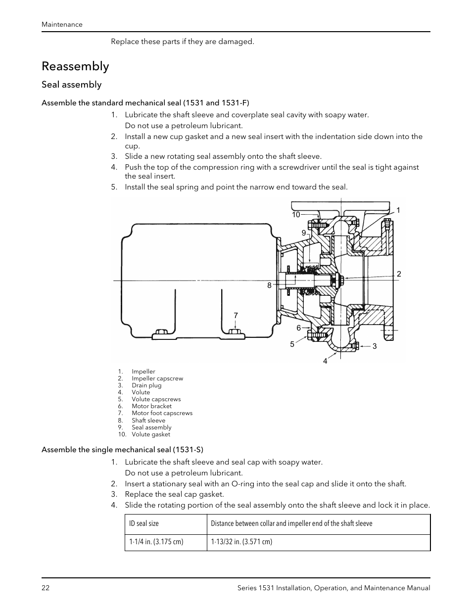 Reassembly, Seal assembly, Assemble the single mechanical seal (1531-s) | Bell & Gossett P81567F Series 1531 User Manual | Page 24 / 30