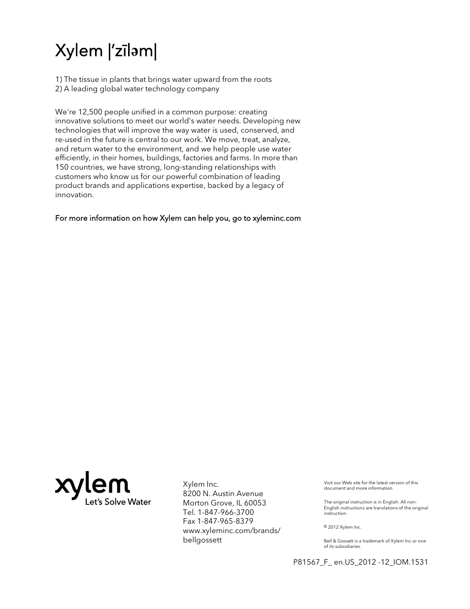 Xylem |’zīl ə m | Bell & Gossett P81567F Series 1531 User Manual | Page 30 / 30