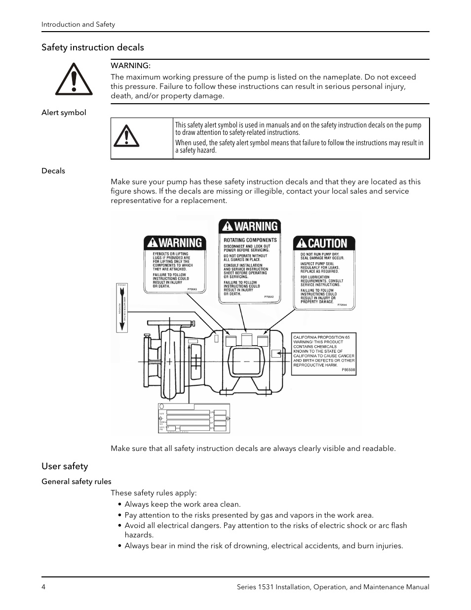 Safety instruction decals, User safety, Safety instruction decals user safety | Bell & Gossett P81567F Series 1531 User Manual | Page 6 / 30