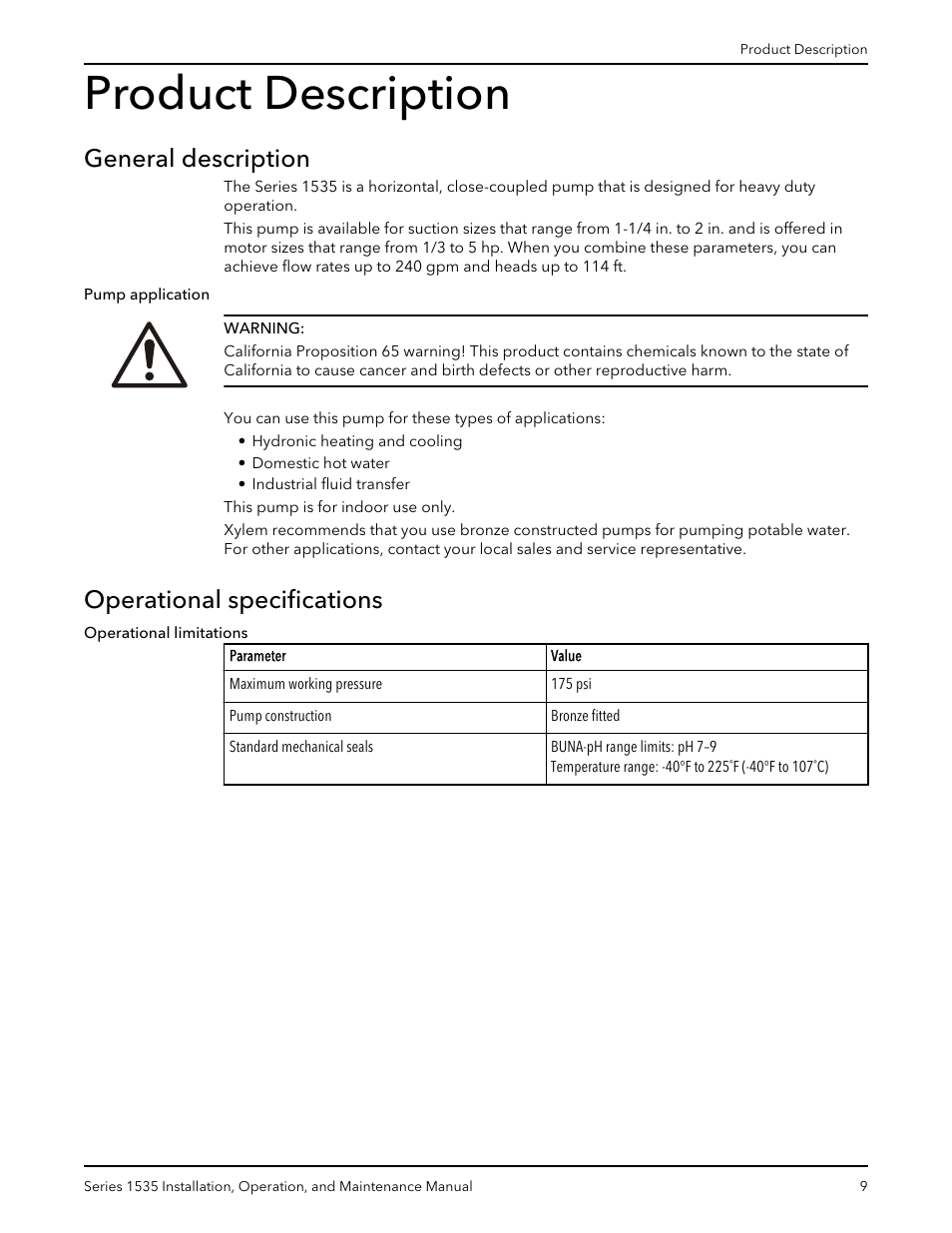 Product description, General description, Operational specifications | General description operational specifications | Bell & Gossett P81568D Series 1535 User Manual | Page 10 / 23