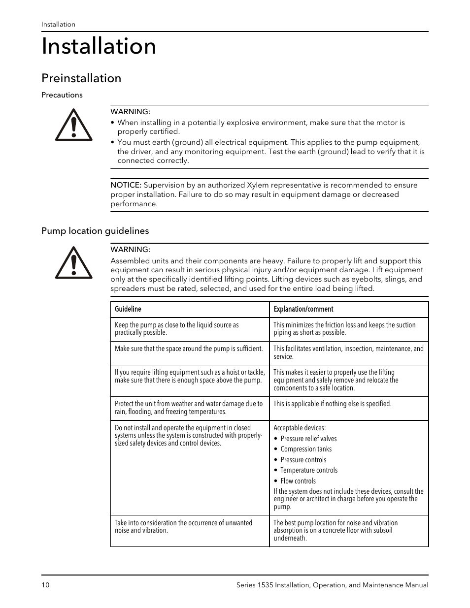 Installation, Preinstallation, Pump location guidelines | Bell & Gossett P81568D Series 1535 User Manual | Page 11 / 23