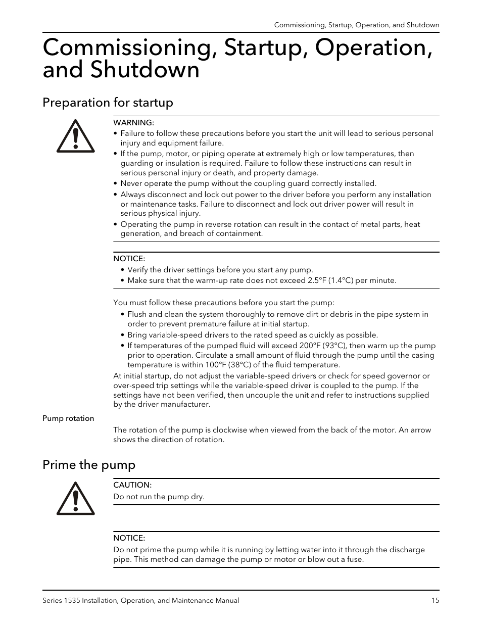 Commissioning, startup, operation, and shutdown, Preparation for startup, Prime the pump | Preparation for startup prime the pump | Bell & Gossett P81568D Series 1535 User Manual | Page 16 / 23