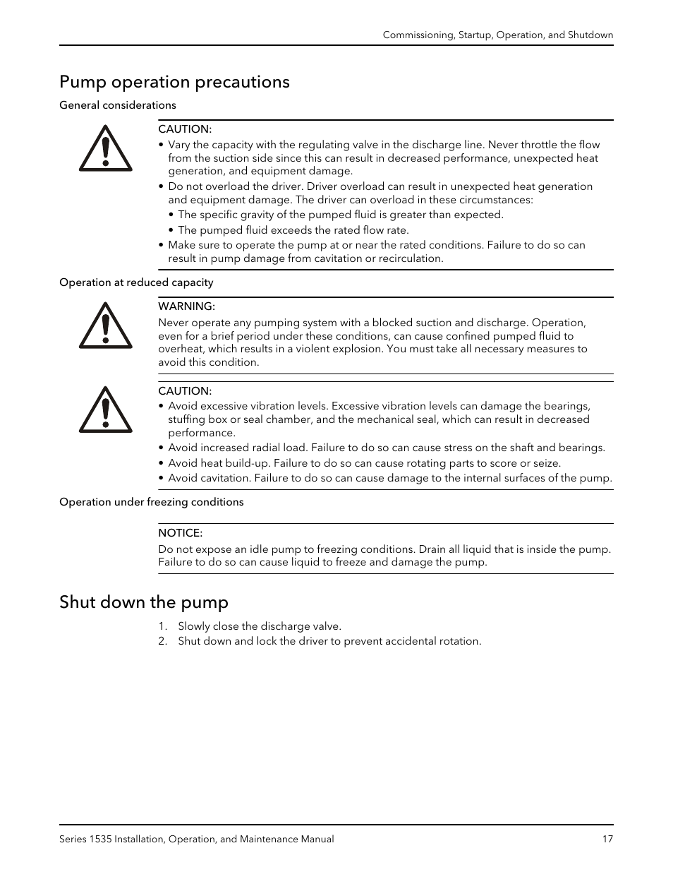 Pump operation precautions, Shut down the pump, Pump operation precautions shut down the pump | Bell & Gossett P81568D Series 1535 User Manual | Page 18 / 23