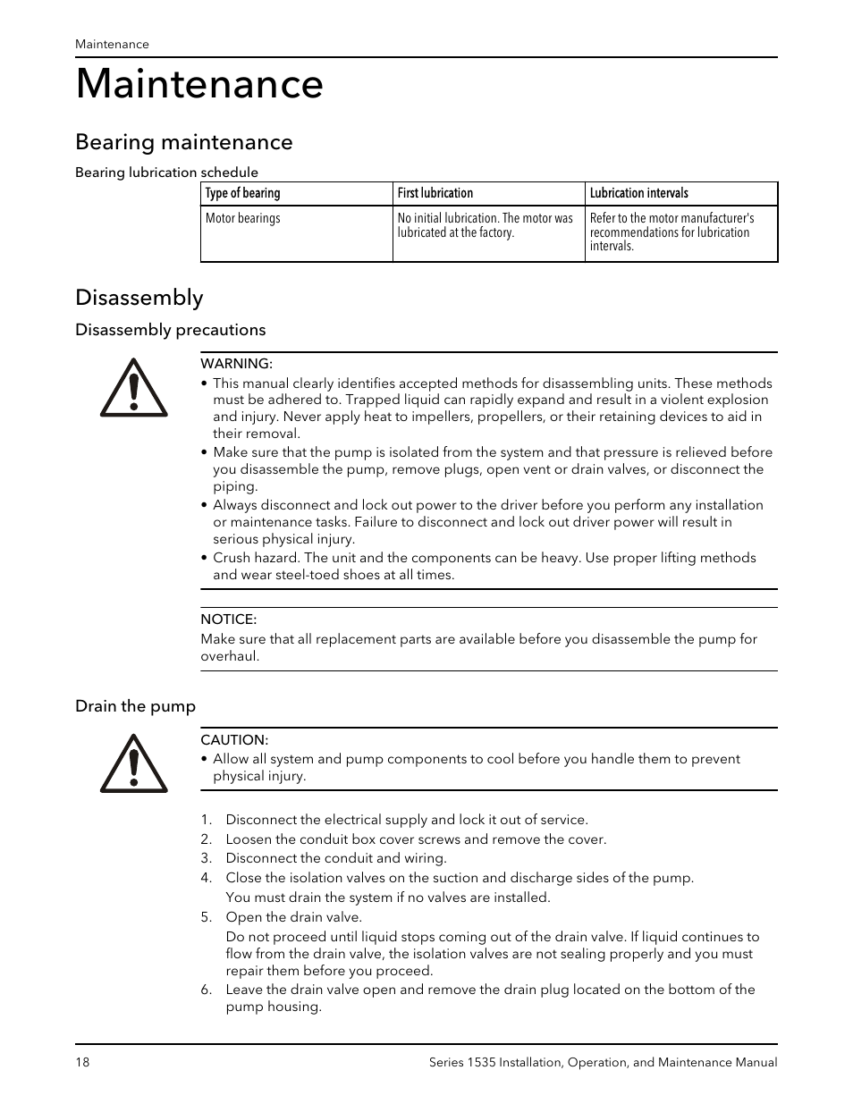 Maintenance, Bearing maintenance, Disassembly | Disassembly precautions, Drain the pump, Bearing maintenance disassembly, Disassembly precautions drain the pump | Bell & Gossett P81568D Series 1535 User Manual | Page 19 / 23