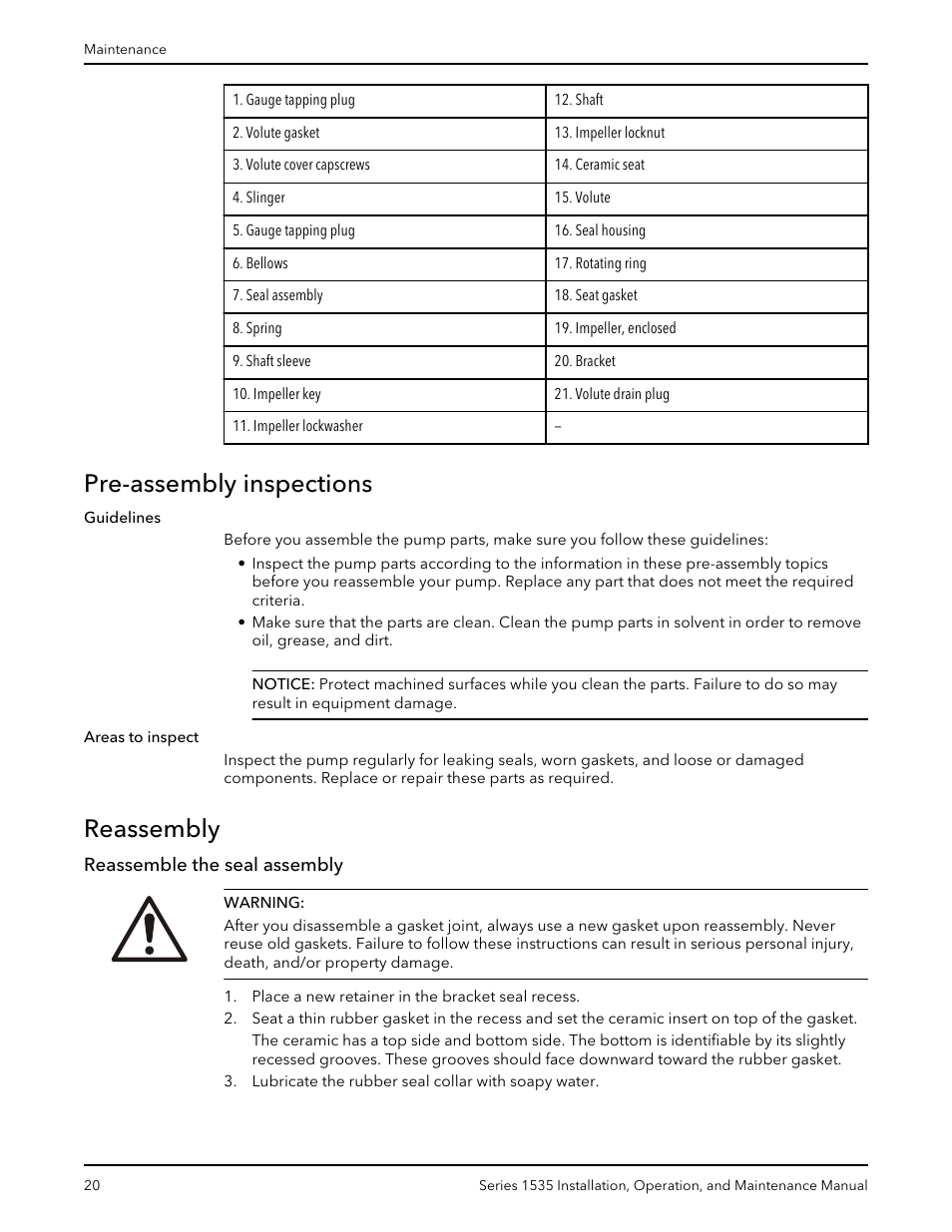 Pre-assembly inspections, Reassembly, Reassemble the seal assembly | Pre-assembly inspections reassembly | Bell & Gossett P81568D Series 1535 User Manual | Page 21 / 23
