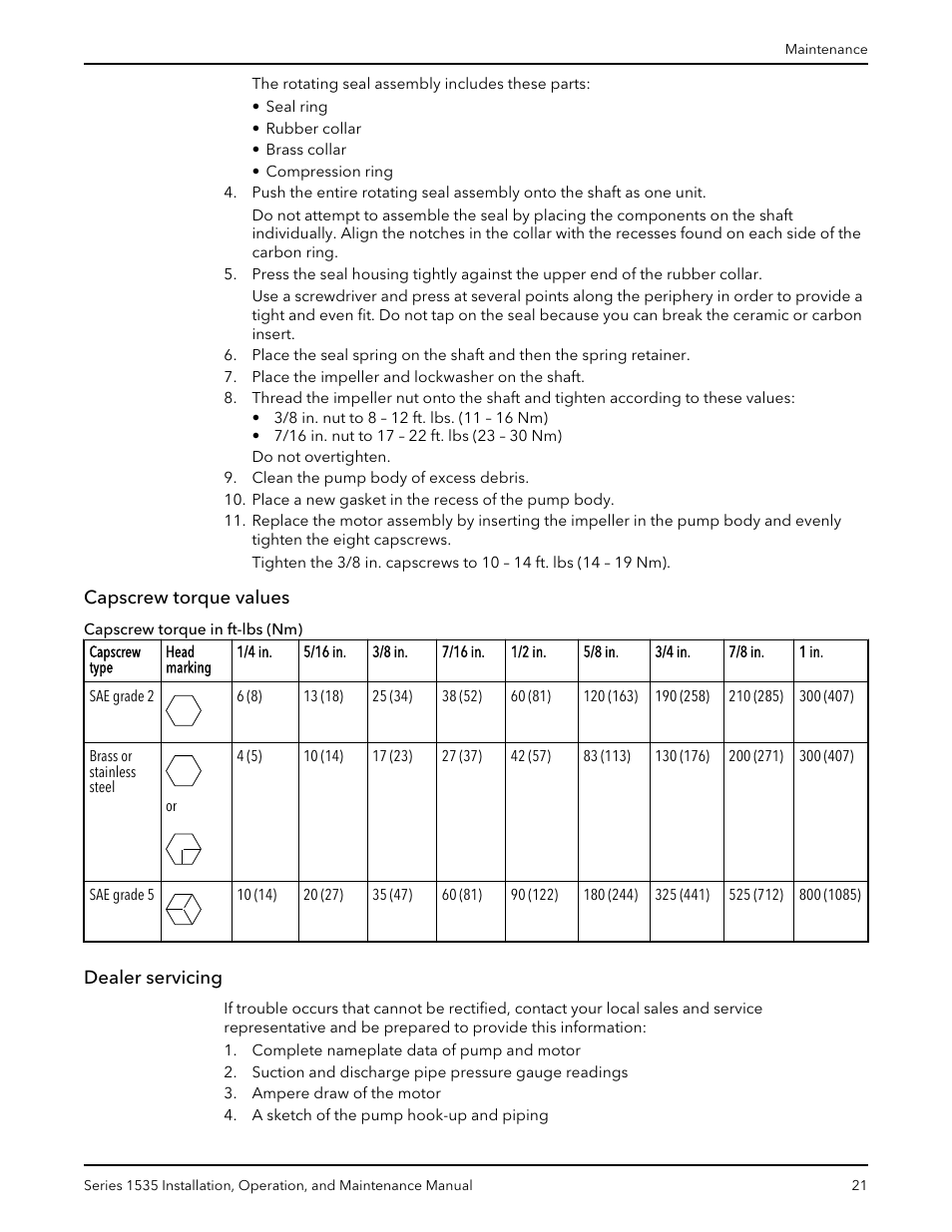 Capscrew torque values, Dealer servicing, Capscrew torque values dealer servicing | Bell & Gossett P81568D Series 1535 User Manual | Page 22 / 23