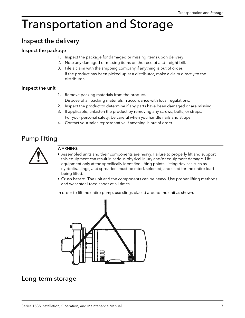 Transportation and storage, Inspect the delivery, Inspect the package | Inspect the unit, Pump lifting, Long-term storage, Inspect the package inspect the unit, Pump lifting long-term storage | Bell & Gossett P81568D Series 1535 User Manual | Page 8 / 23