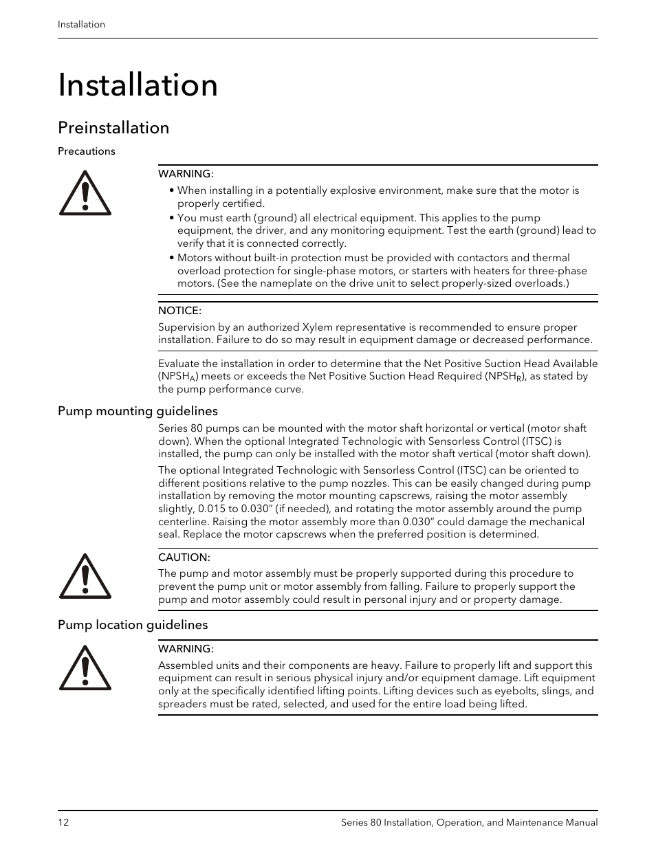 Installation, Preinstallation, Pump mounting guidelines | Pump location guidelines, Pump mounting guidelines pump location guidelines | Bell & Gossett P81629F Series 80 In-Line Mounted Centrifugal Pump User Manual | Page 14 / 32