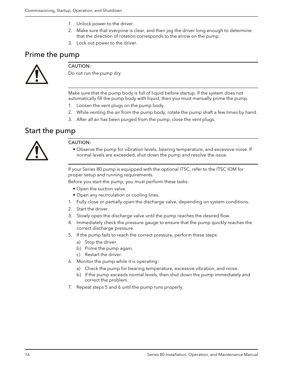 Prime the pump, Start the pump, Prime the pump start the pump | Bell & Gossett P81629F Series 80 In-Line Mounted Centrifugal Pump User Manual | Page 18 / 32