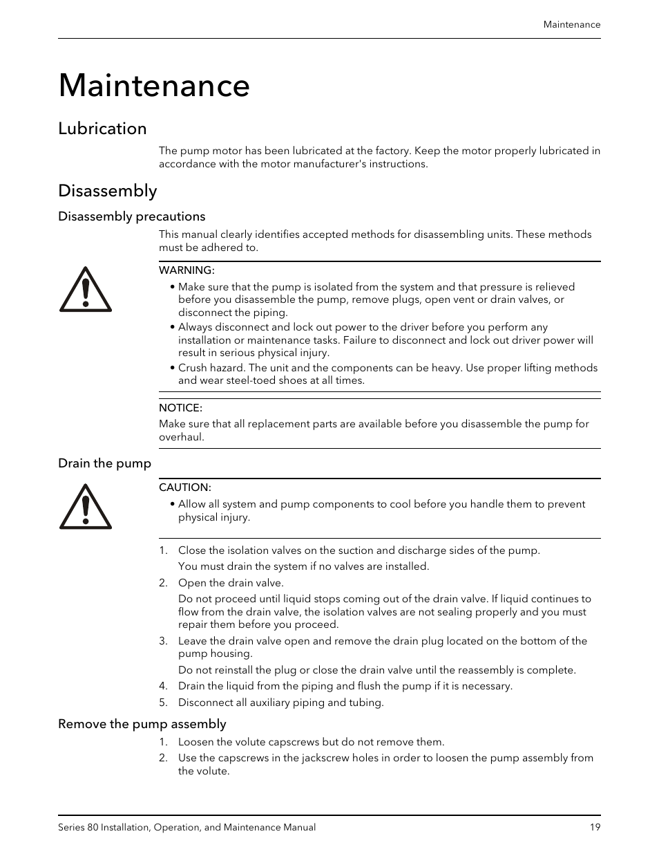 Maintenance, Lubrication, Disassembly | Disassembly precautions, Drain the pump, Remove the pump assembly, Lubrication disassembly | Bell & Gossett P81629F Series 80 In-Line Mounted Centrifugal Pump User Manual | Page 21 / 32
