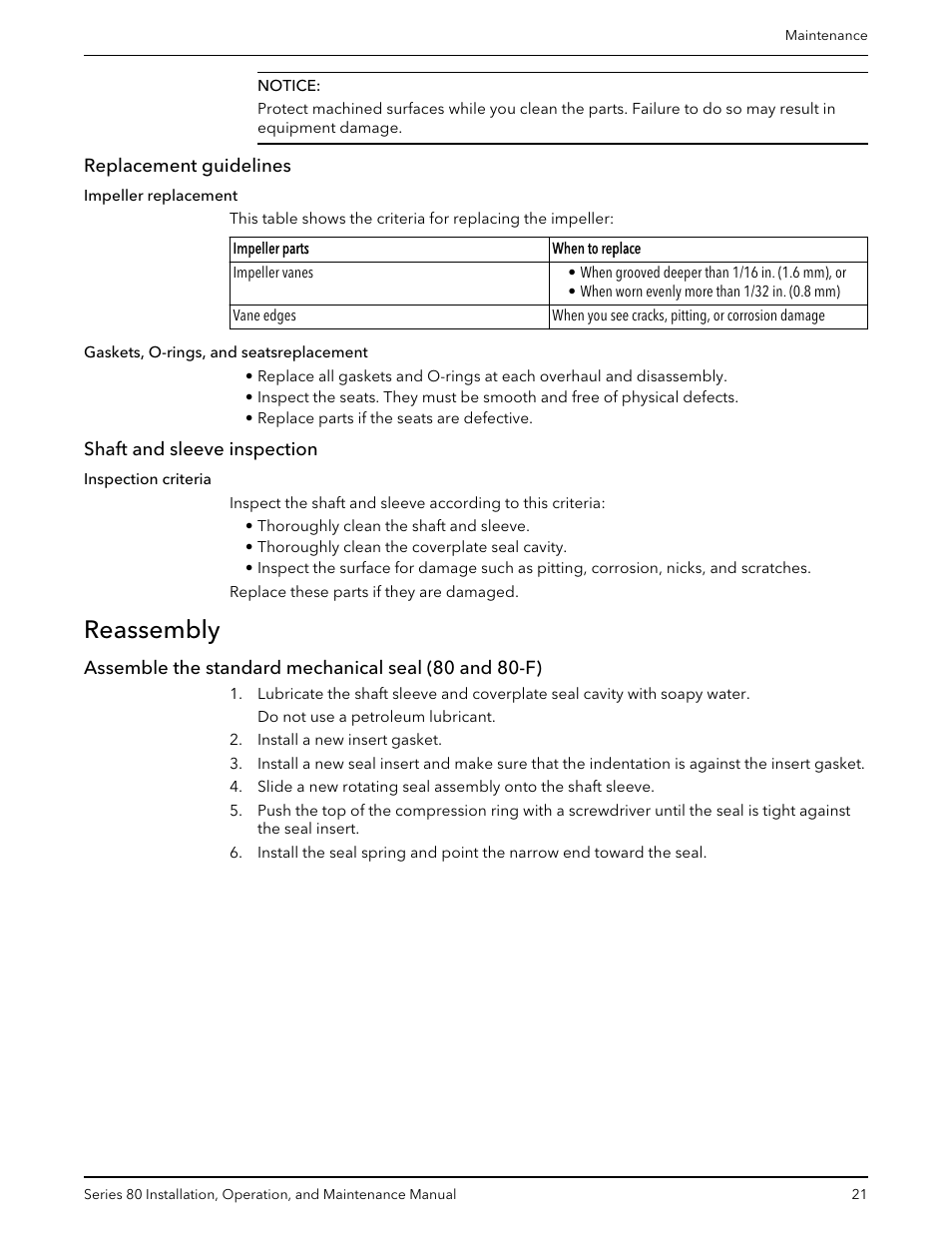 Replacement guidelines, Shaft and sleeve inspection, Reassembly | Replacement guidelines shaft and sleeve inspection | Bell & Gossett P81629F Series 80 In-Line Mounted Centrifugal Pump User Manual | Page 23 / 32