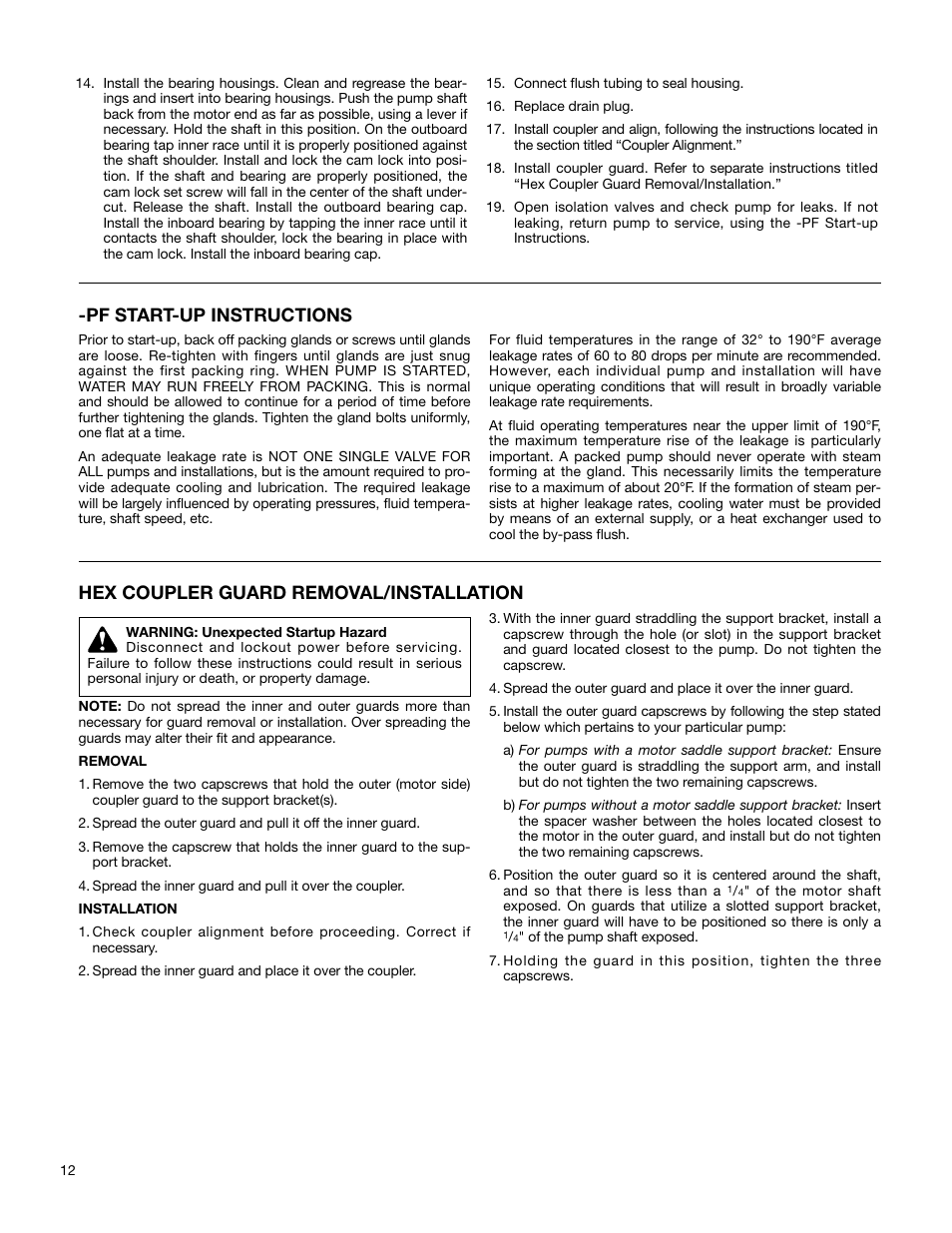 Pf start-up instructions, Hex coupler guard removal/installation | Xylem P81630E Series VSC and VSCS Base Mounted Centrifugal Pumps User Manual | Page 12 / 14