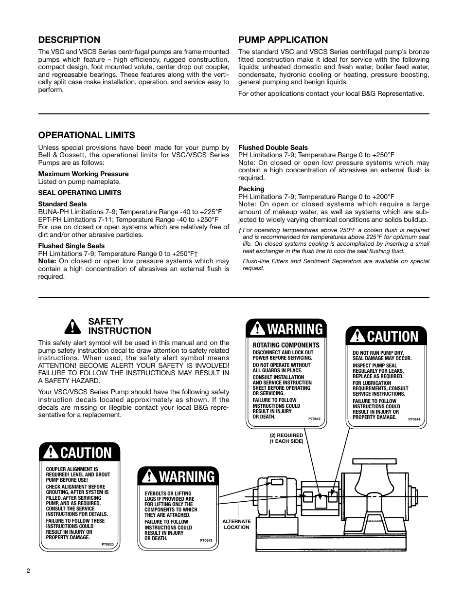 Warning, Caution, Description | Pump application, Operational limits, Safety instruction | Xylem P81630E Series VSC and VSCS Base Mounted Centrifugal Pumps User Manual | Page 2 / 14