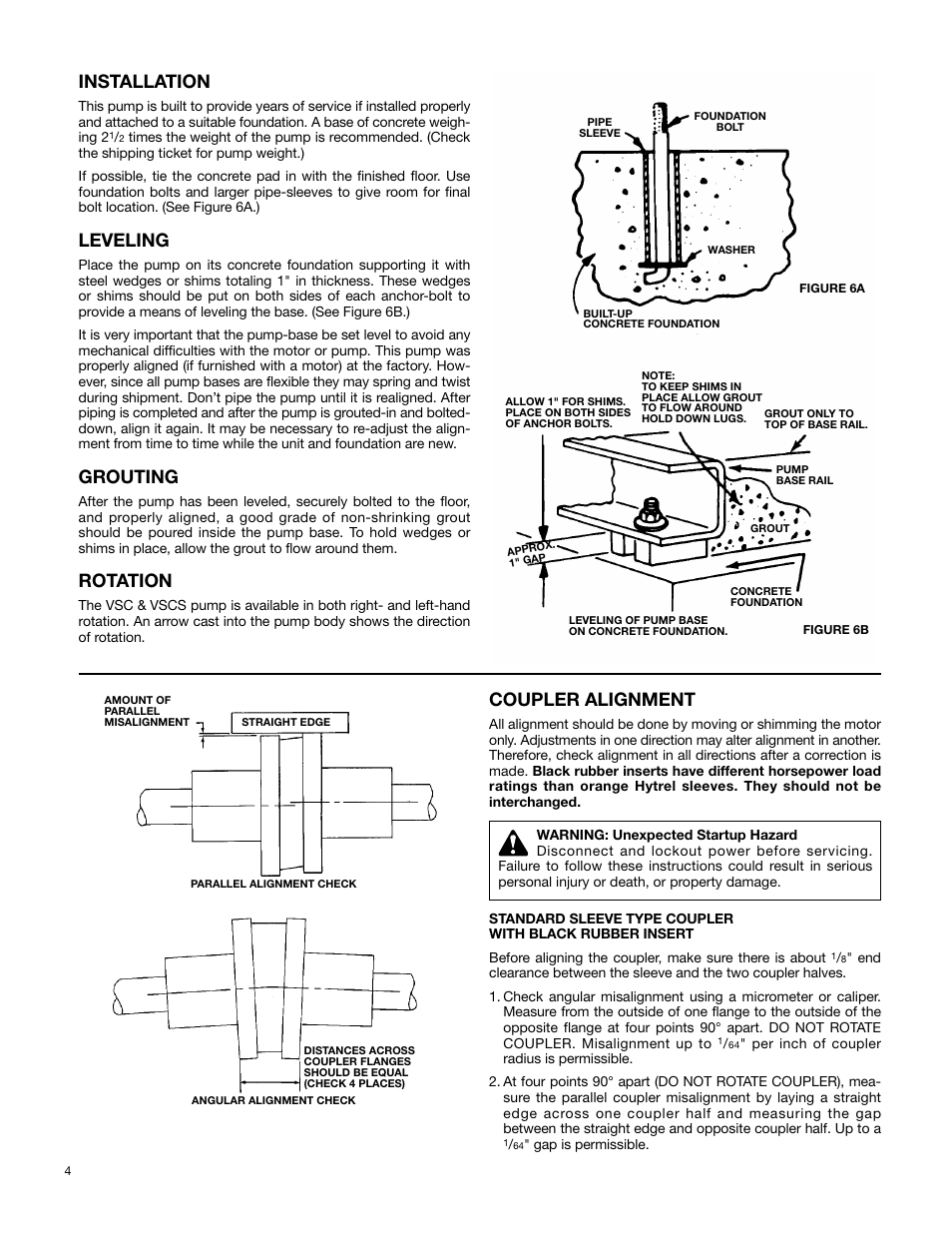 Installation, Leveling, Grouting | Rotation, Coupler alignment | Xylem P81630E Series VSC and VSCS Base Mounted Centrifugal Pumps User Manual | Page 4 / 14