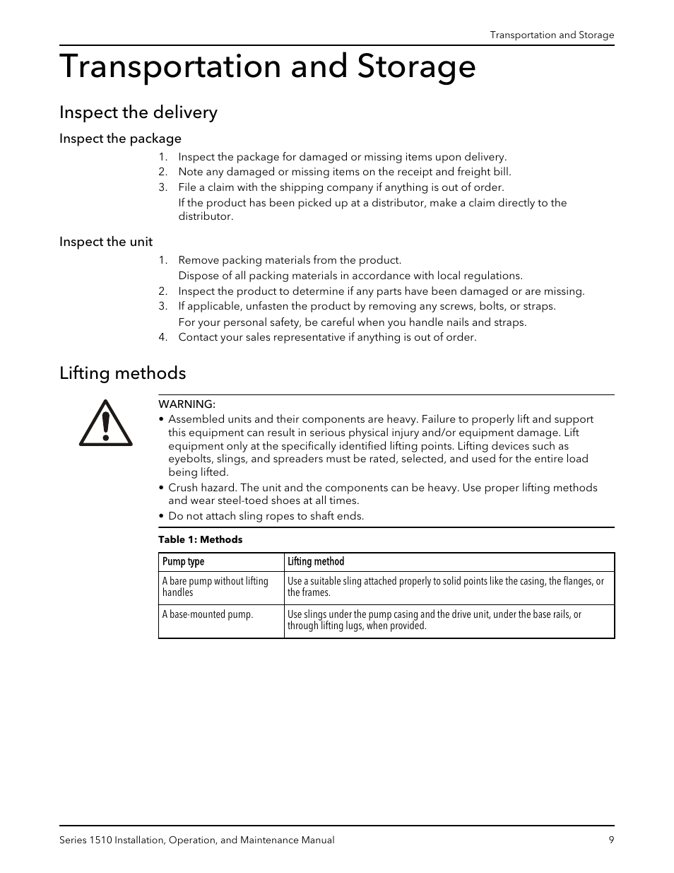 Transportation and storage, Inspect the delivery, Inspect the package | Inspect the unit, Lifting methods, Inspect the package inspect the unit | Xylem P81673H Series 1510 User Manual | Page 11 / 44