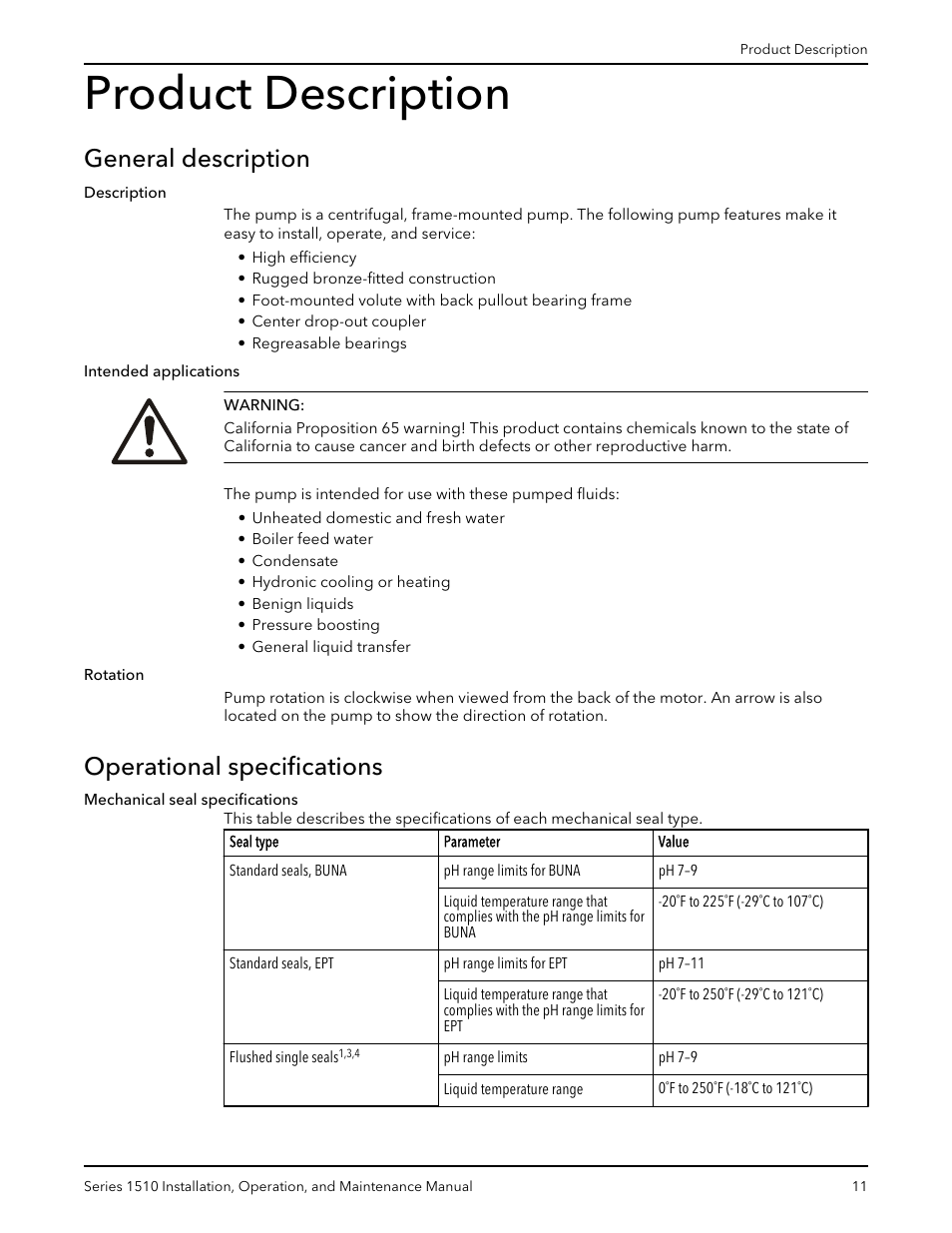 Product description, General description, Operational specifications | General description operational specifications | Xylem P81673H Series 1510 User Manual | Page 13 / 44
