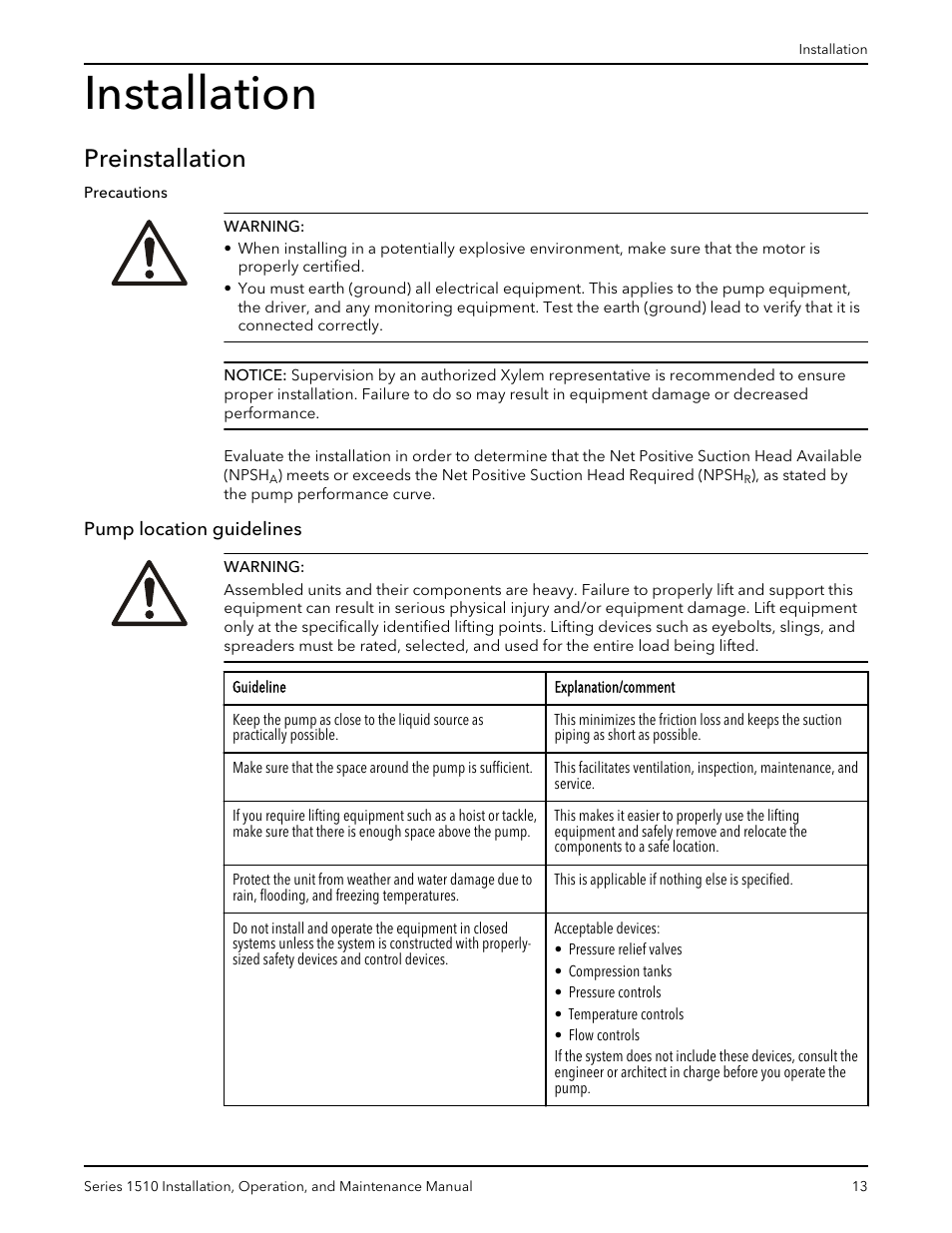 Installation, Preinstallation, Pump location guidelines | Xylem P81673H Series 1510 User Manual | Page 15 / 44