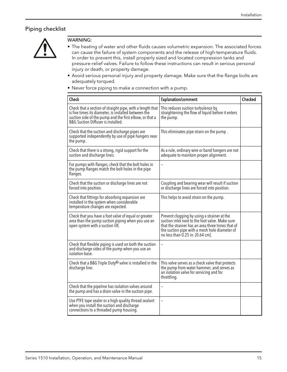 Piping checklist | Xylem P81673H Series 1510 User Manual | Page 17 / 44