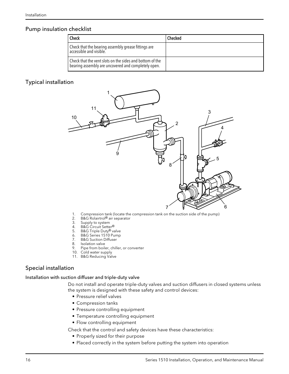 Pump insulation checklist, Typical installation, Special installation | Xylem P81673H Series 1510 User Manual | Page 18 / 44