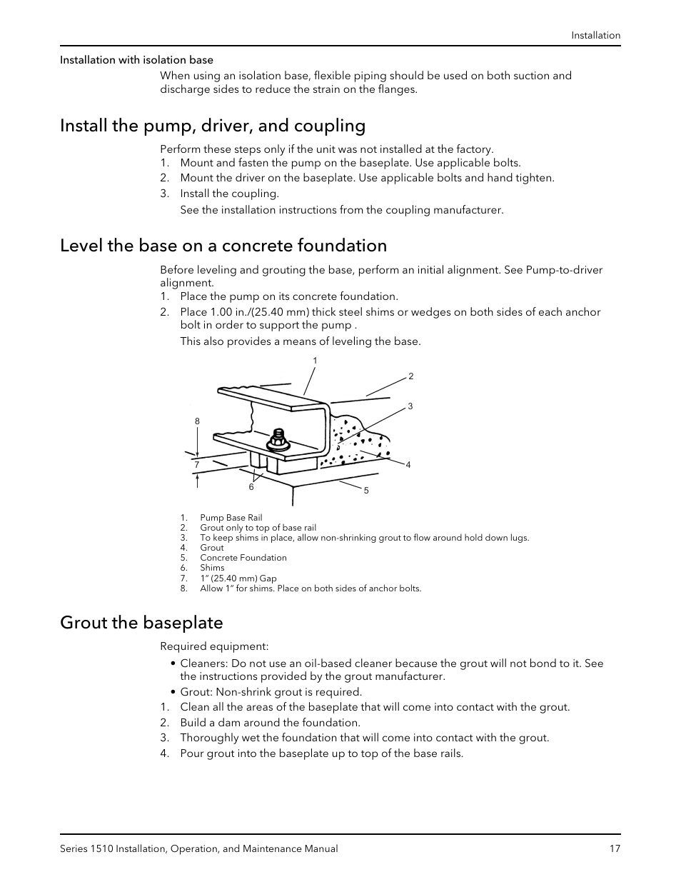 Install the pump, driver, and coupling, Level the base on a concrete foundation, Grout the baseplate | Xylem P81673H Series 1510 User Manual | Page 19 / 44