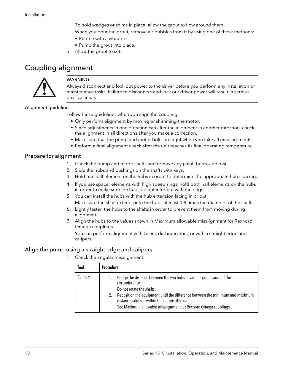 Coupling alignment, Prepare for alignment, Align the pump using a straight edge and calipers | Xylem P81673H Series 1510 User Manual | Page 20 / 44