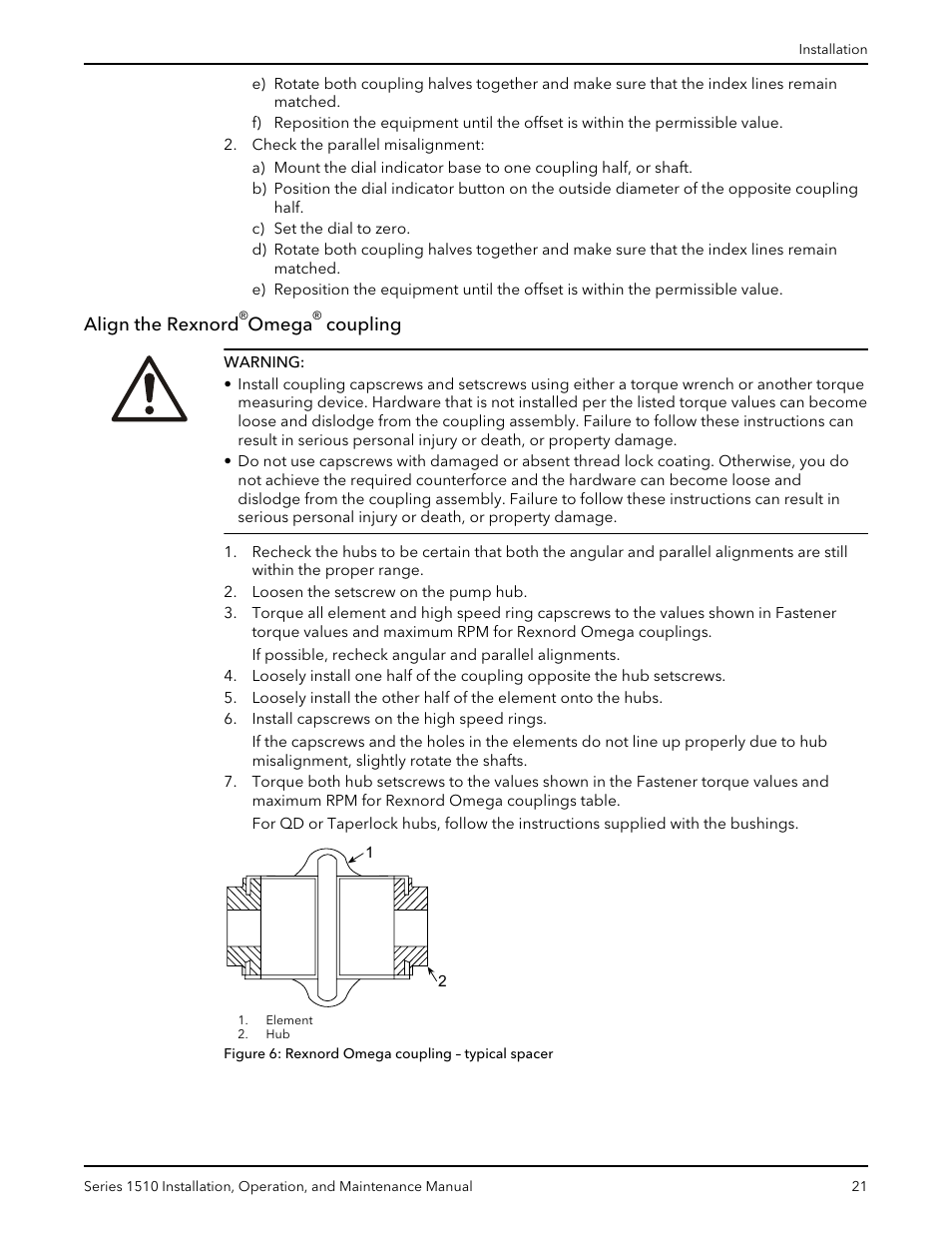 Align the rexnord®omega® coupling, Align the rexnord, Omega | Coupling | Xylem P81673H Series 1510 User Manual | Page 23 / 44