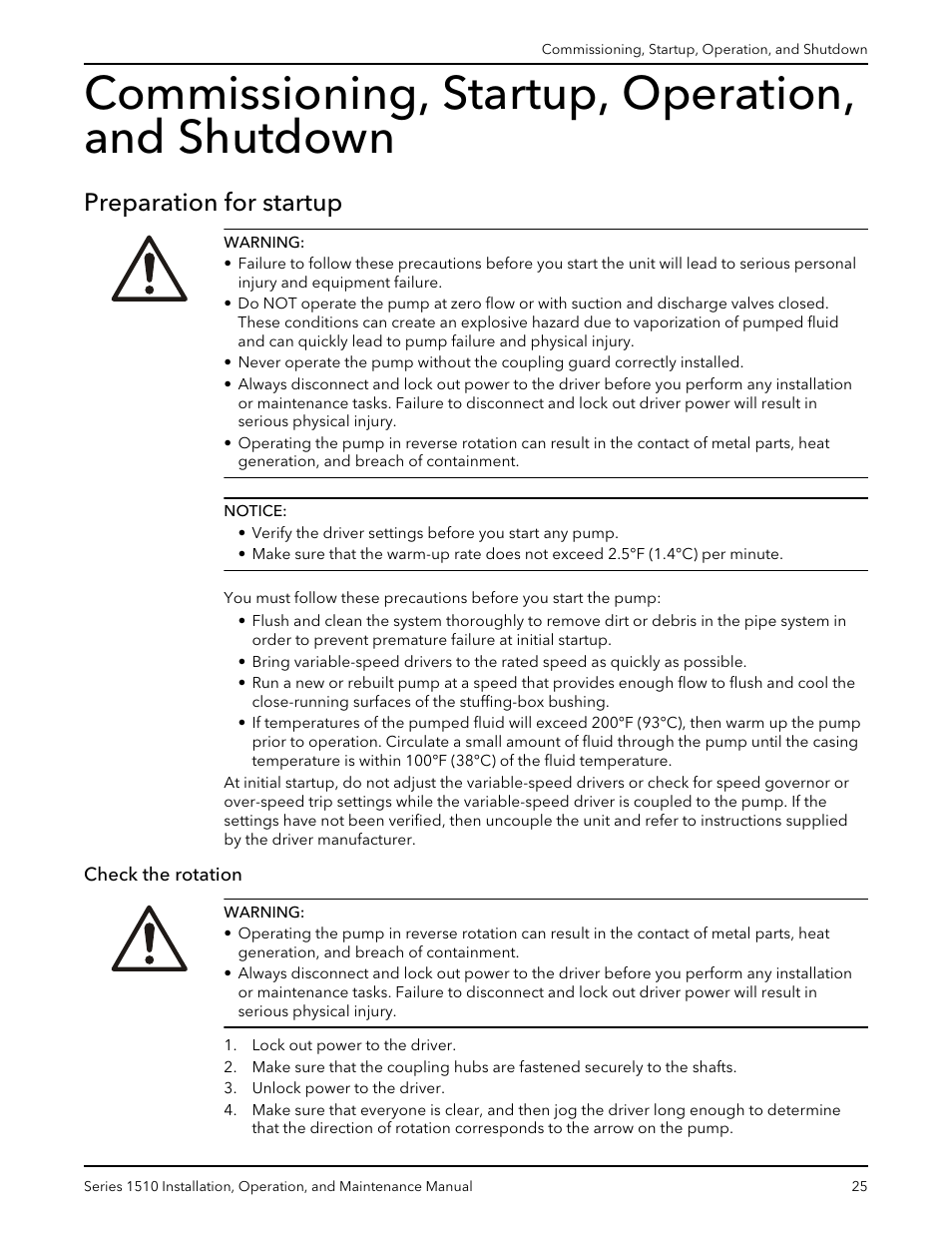 Commissioning, startup, operation, and shutdown, Preparation for startup, Check the rotation | Xylem P81673H Series 1510 User Manual | Page 27 / 44