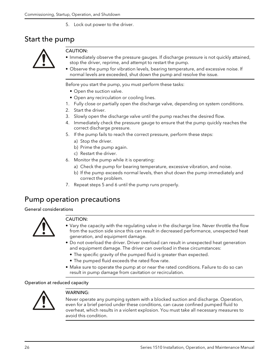 Start the pump, Pump operation precautions, Start the pump pump operation precautions | Xylem P81673H Series 1510 User Manual | Page 28 / 44