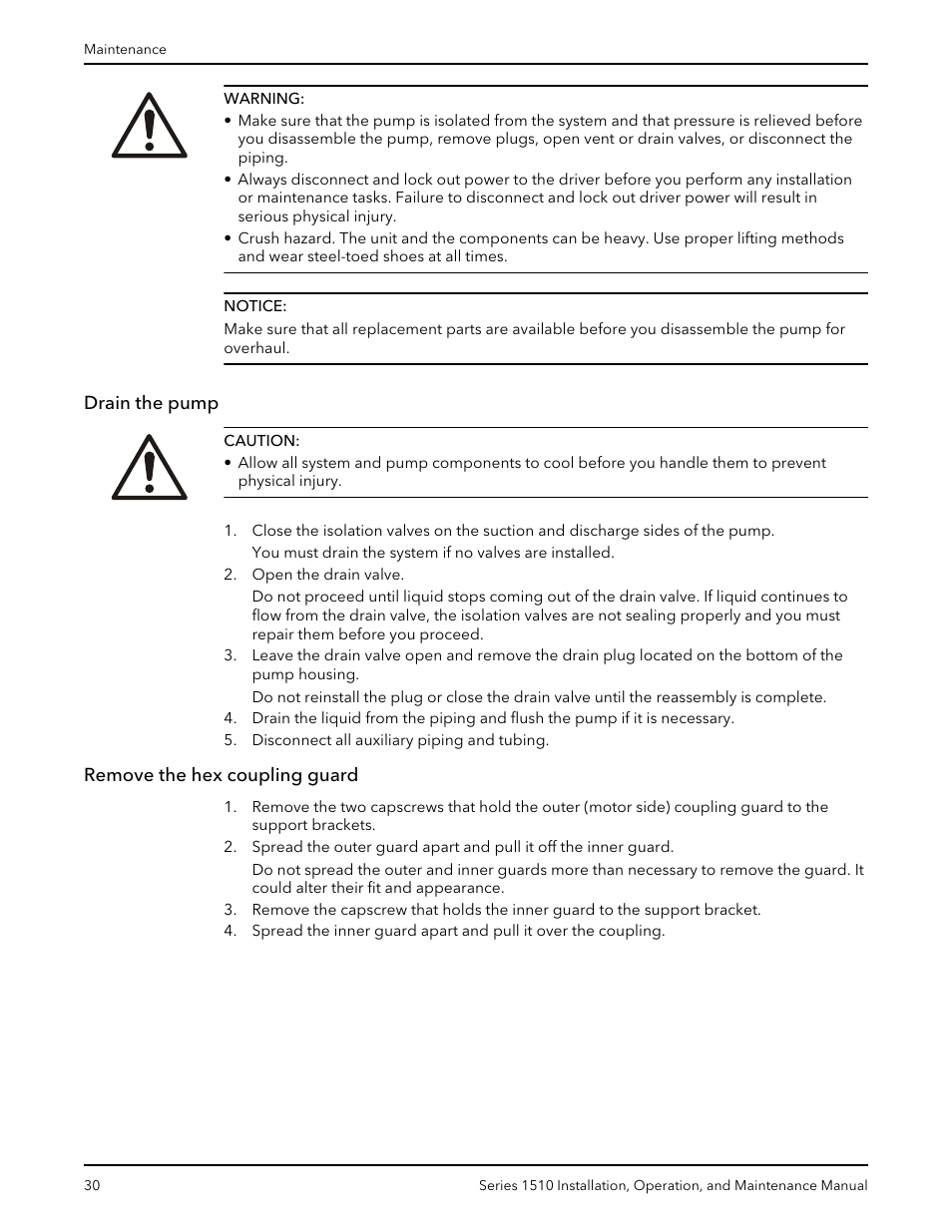 Drain the pump, Remove the hex coupling guard, Drain the pump remove the hex coupling guard | Xylem P81673H Series 1510 User Manual | Page 32 / 44