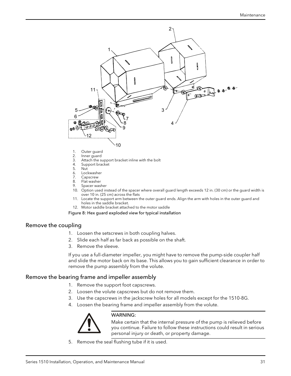 Remove the coupling, Remove the bearing frame and impeller assembly | Xylem P81673H Series 1510 User Manual | Page 33 / 44