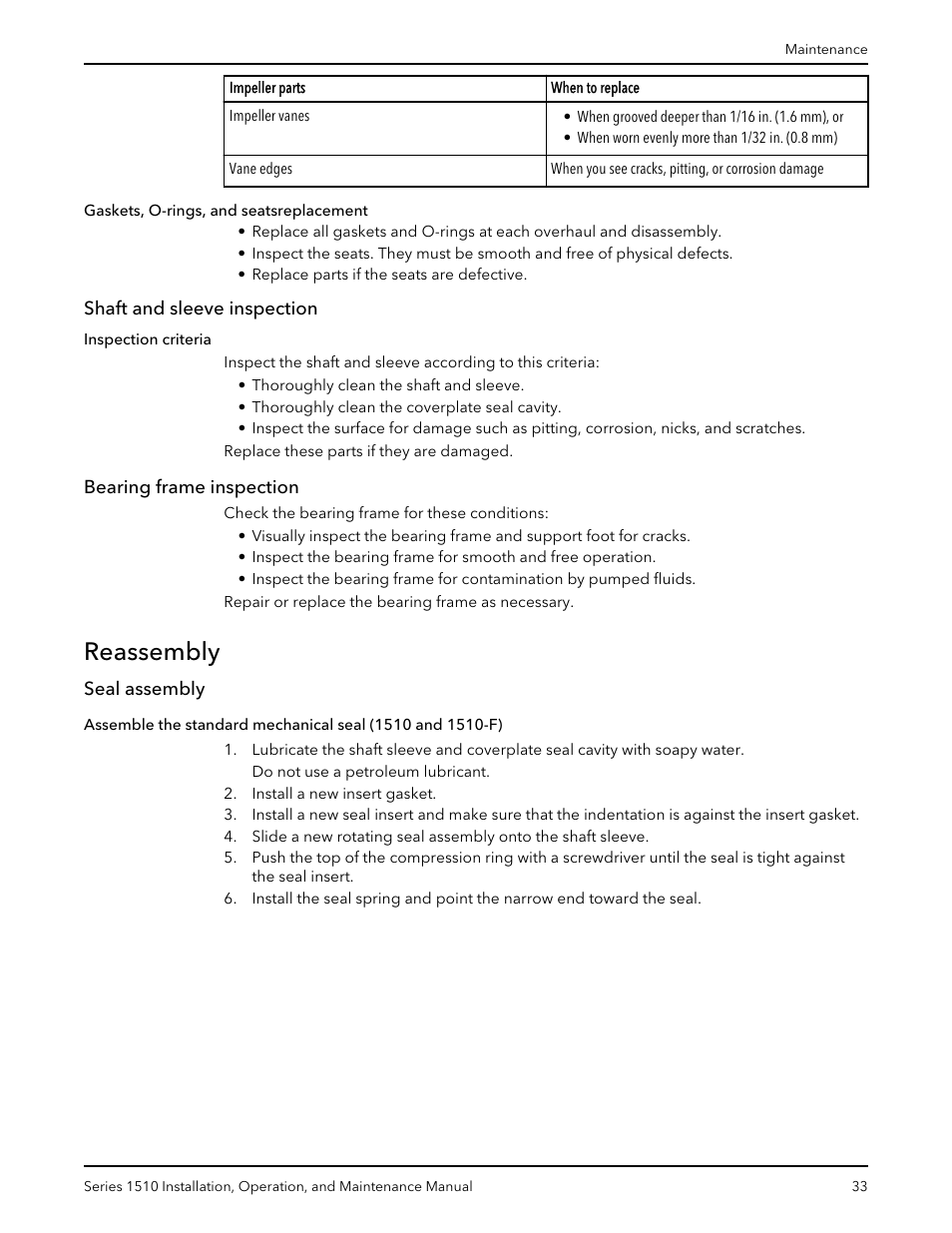 Shaft and sleeve inspection, Bearing frame inspection, Reassembly | Seal assembly | Xylem P81673H Series 1510 User Manual | Page 35 / 44