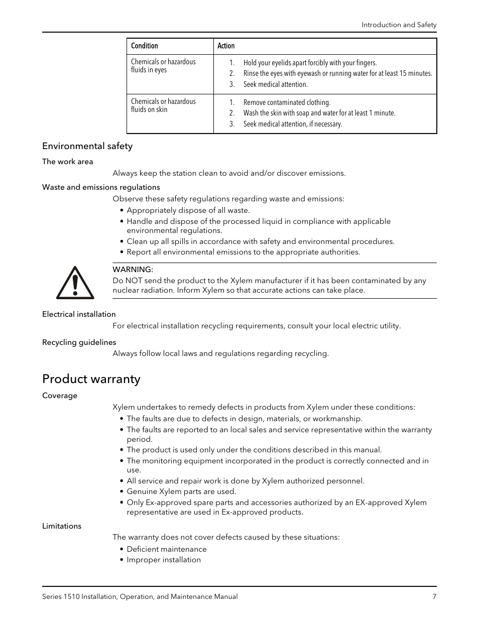 Environmental safety, Product warranty | Xylem P81673H Series 1510 User Manual | Page 9 / 44