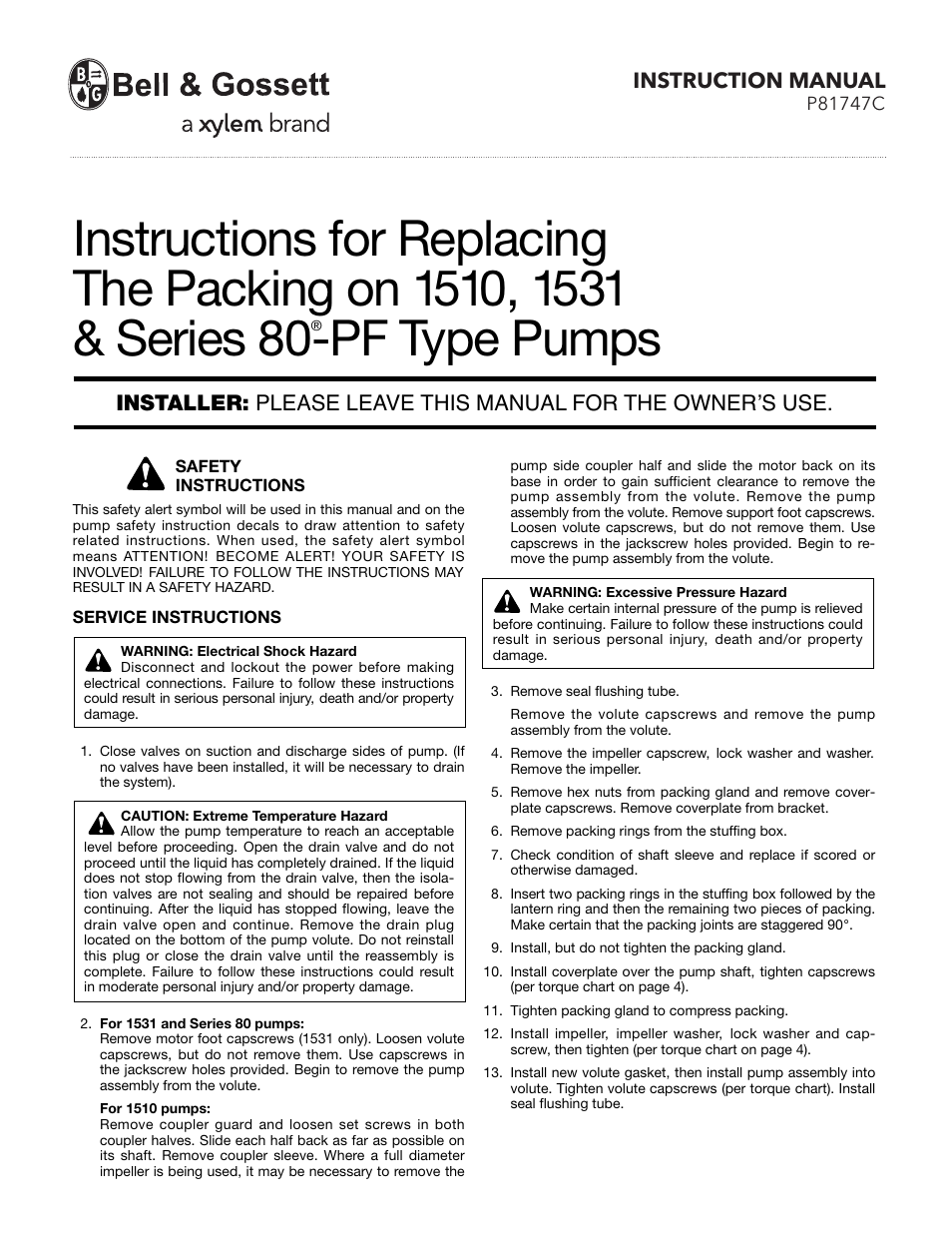 Bell & Gossett Series 80®-PF Type Pumps User Manual | 4 pages