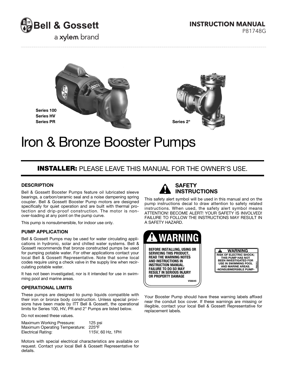 Bell & Gossett Iron & Bronze Booster Pumps Series 100 User Manual | 4 pages
