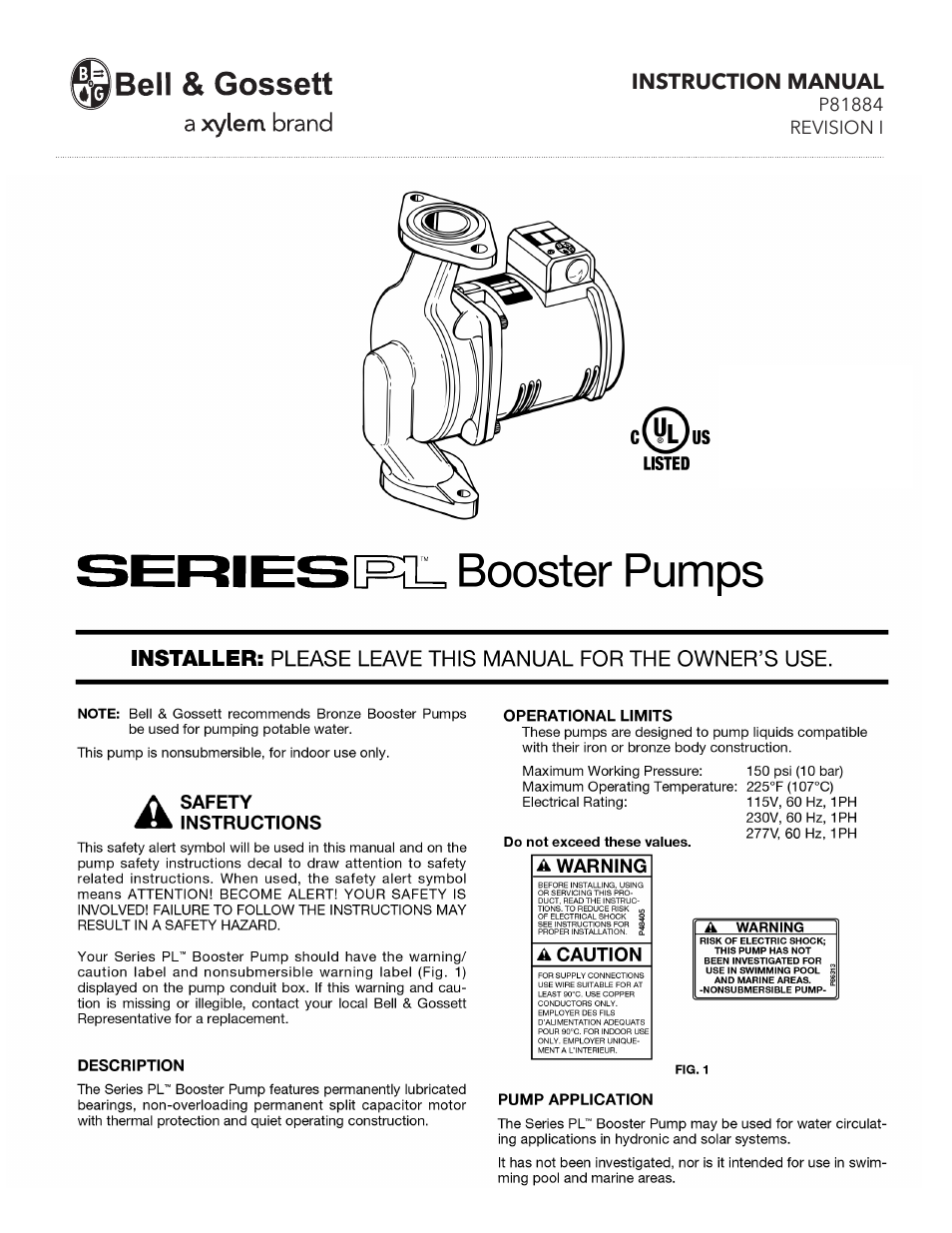 Xylem P81884 RevI Series PL Booster Pumps User Manual | 4 pages