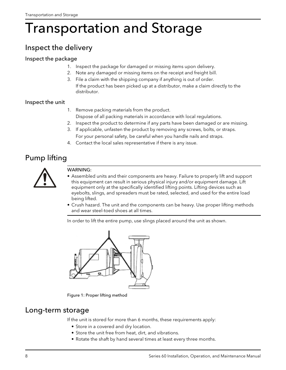 Transportation and storage, Inspect the delivery, Inspect the package | Inspect the unit, Pump lifting, Long-term storage, Inspect the package inspect the unit, Pump lifting long-term storage | Bell & Gossett P82893D Series 60 In-Line Centrifugal Pumps User Manual | Page 10 / 36