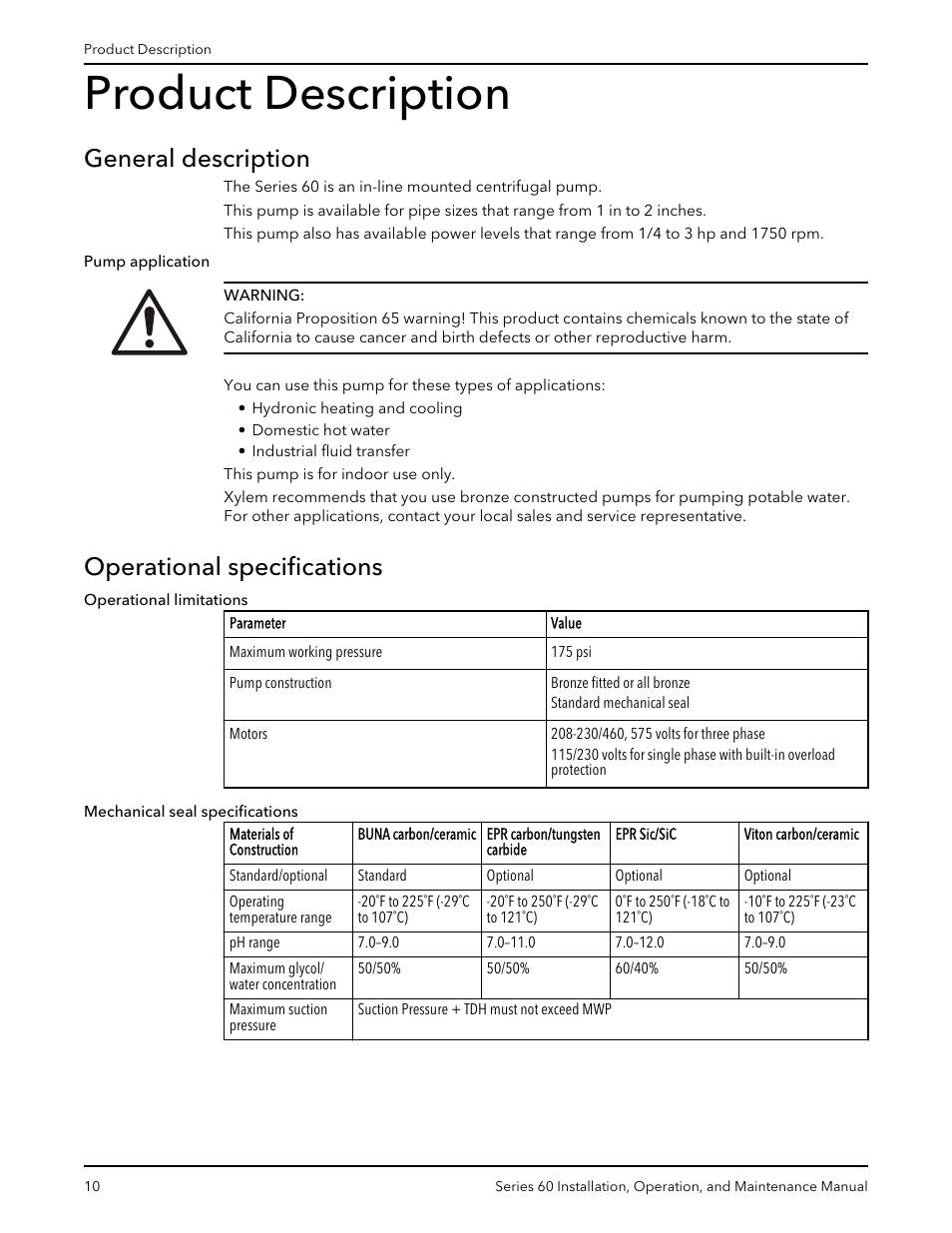 Product description, General description, Operational specifications | General description operational specifications | Bell & Gossett P82893D Series 60 In-Line Centrifugal Pumps User Manual | Page 12 / 36