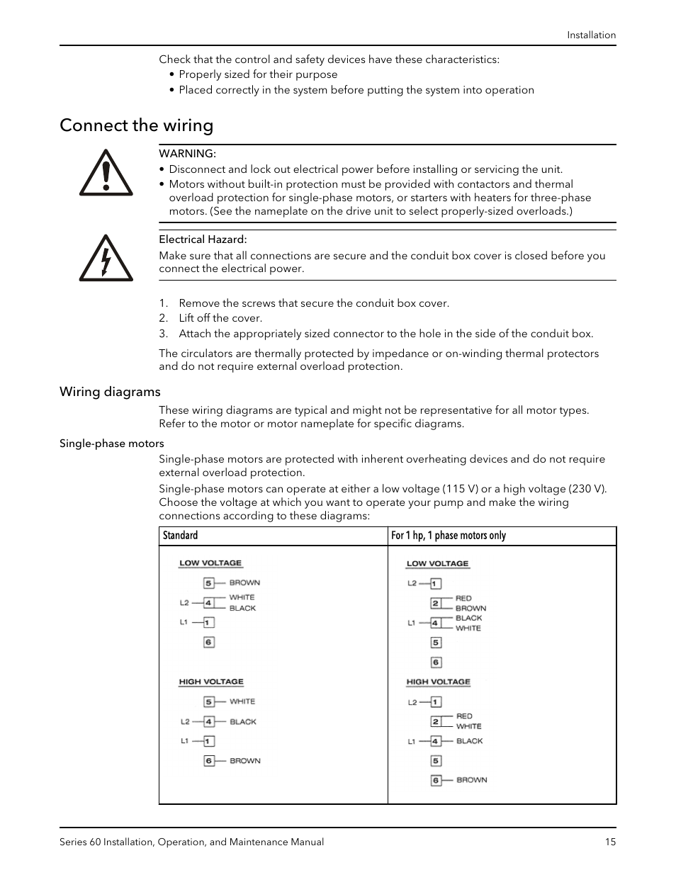 Connect the wiring, Wiring diagrams | Bell & Gossett P82893D Series 60 In-Line Centrifugal Pumps User Manual | Page 17 / 36