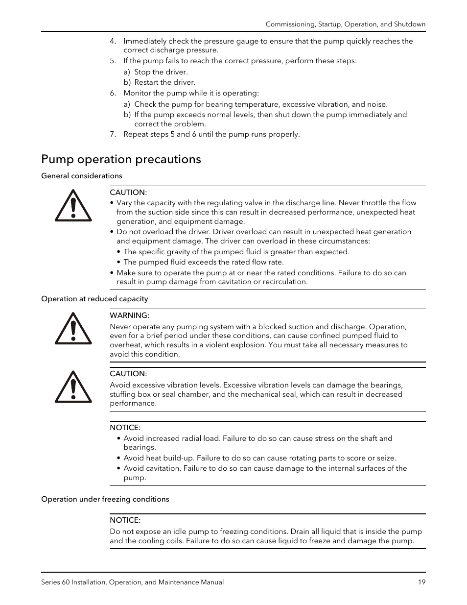 Pump operation precautions | Bell & Gossett P82893D Series 60 In-Line Centrifugal Pumps User Manual | Page 21 / 36