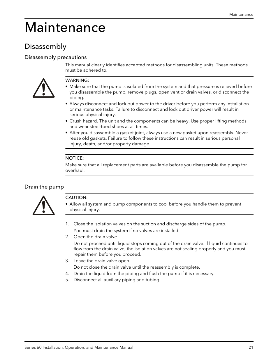 Maintenance, Disassembly, Disassembly precautions | Drain the pump, Disassembly precautions drain the pump | Bell & Gossett P82893D Series 60 In-Line Centrifugal Pumps User Manual | Page 23 / 36