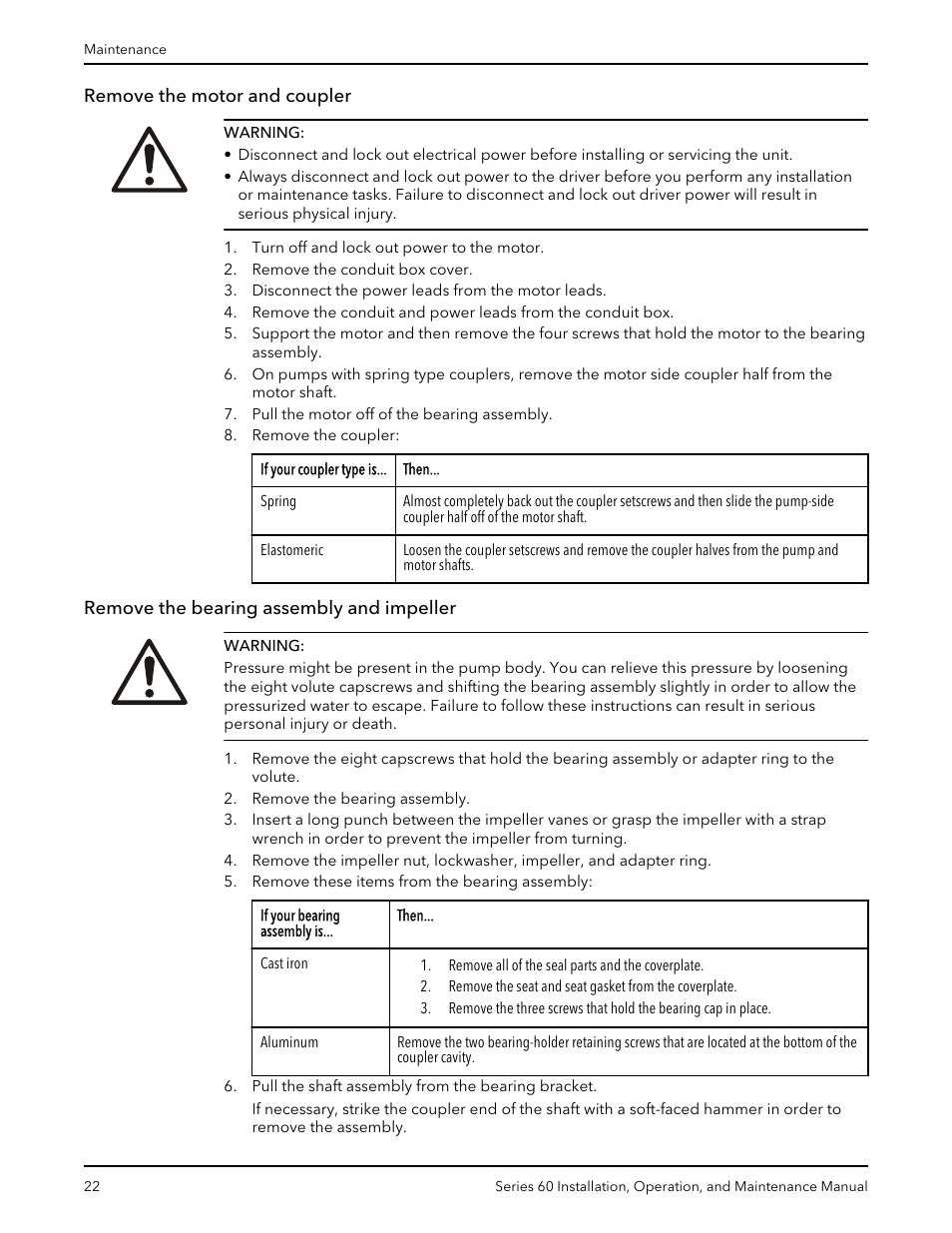 Remove the motor and coupler, Remove the bearing assembly and impeller | Bell & Gossett P82893D Series 60 In-Line Centrifugal Pumps User Manual | Page 24 / 36