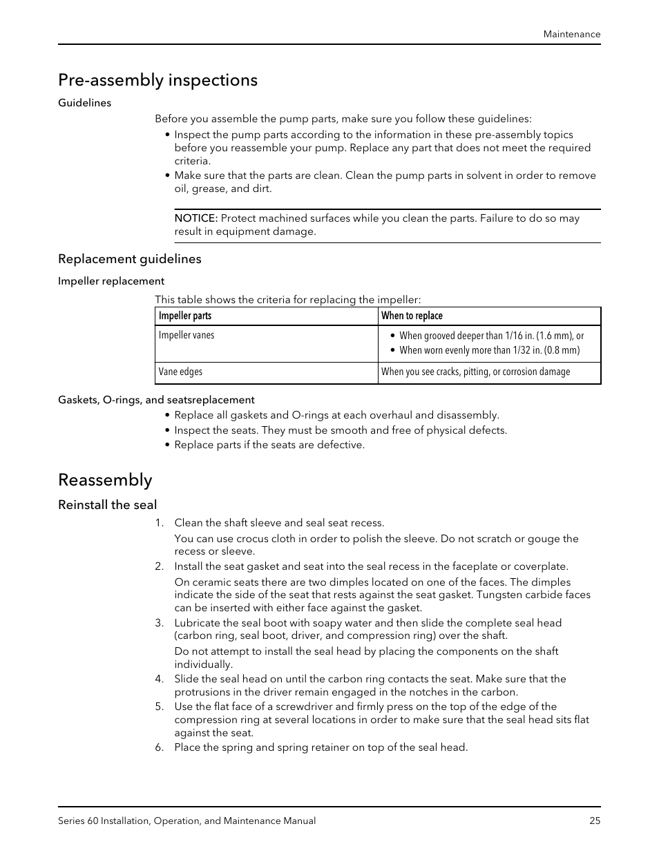 Pre-assembly inspections, Replacement guidelines, Reassembly | Reinstall the seal | Bell & Gossett P82893D Series 60 In-Line Centrifugal Pumps User Manual | Page 27 / 36