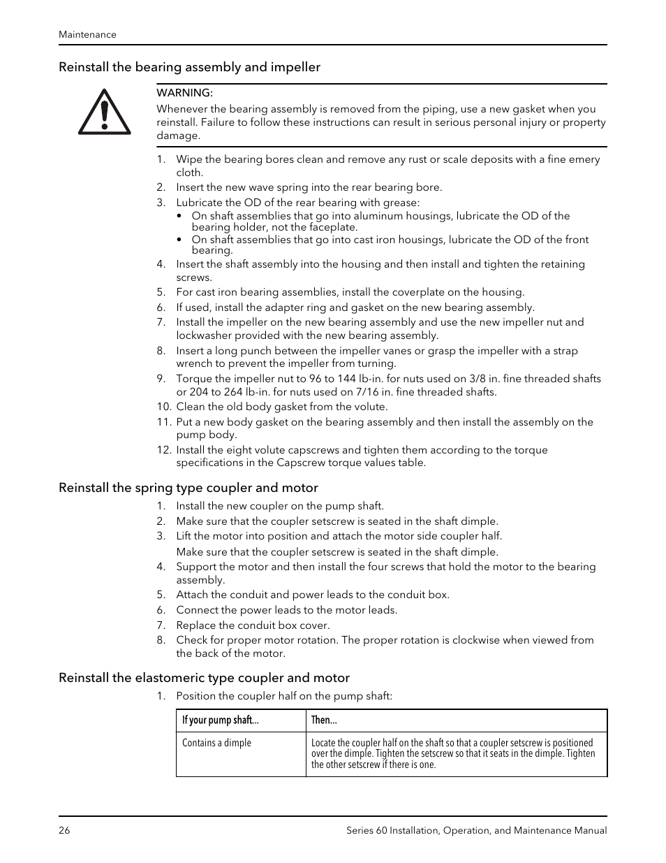 Reinstall the bearing assembly and impeller, Reinstall the spring type coupler and motor, Reinstall the elastomeric type coupler and motor | Bell & Gossett P82893D Series 60 In-Line Centrifugal Pumps User Manual | Page 28 / 36