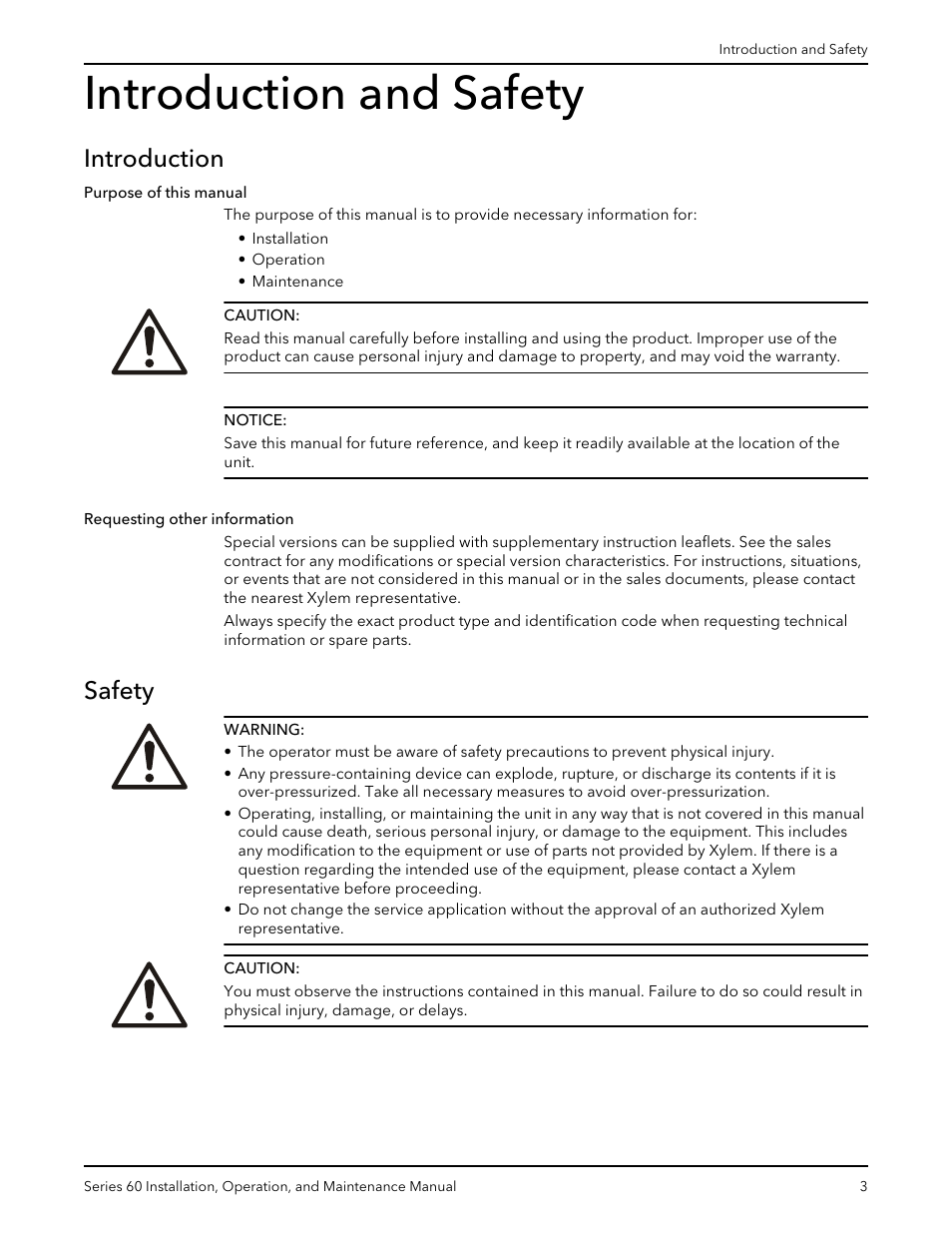 Introduction and safety, Introduction, Safety | Requesting other information | Bell & Gossett P82893D Series 60 In-Line Centrifugal Pumps User Manual | Page 5 / 36